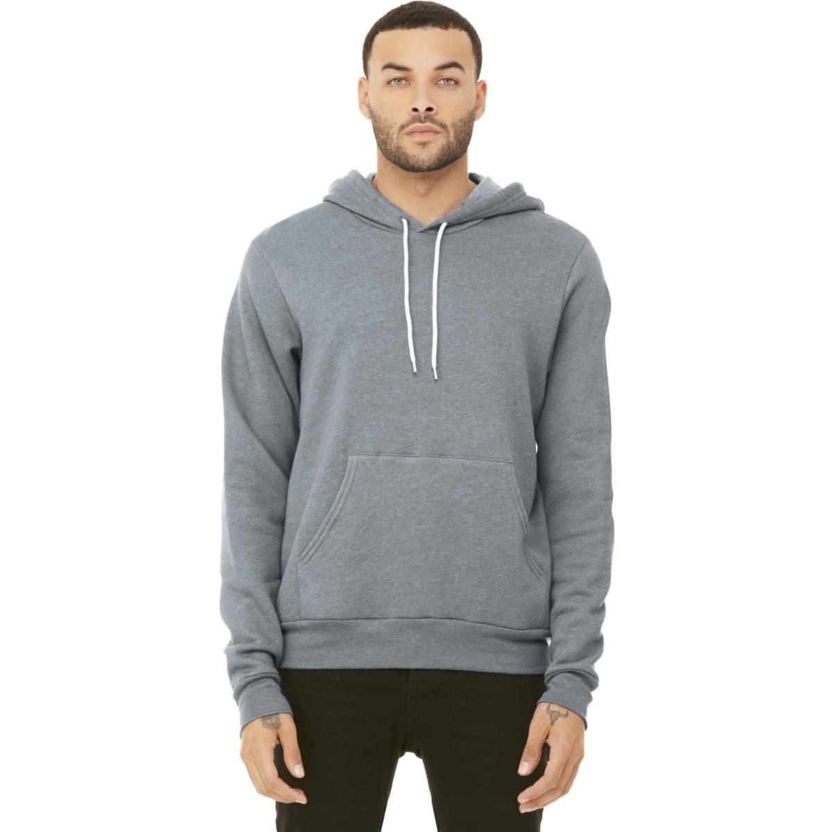 A unisex sponge fleece pullover hoodie in grey, featuring a front pocket and drawstring hood.