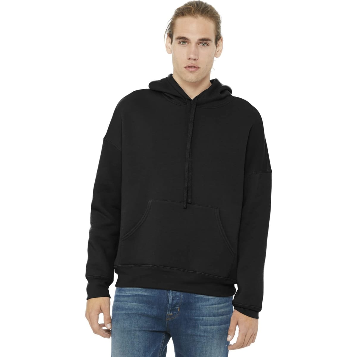 A black unisex sponge fleece pullover hoodie with a front pocket and a logo. Suitable for casual wear.