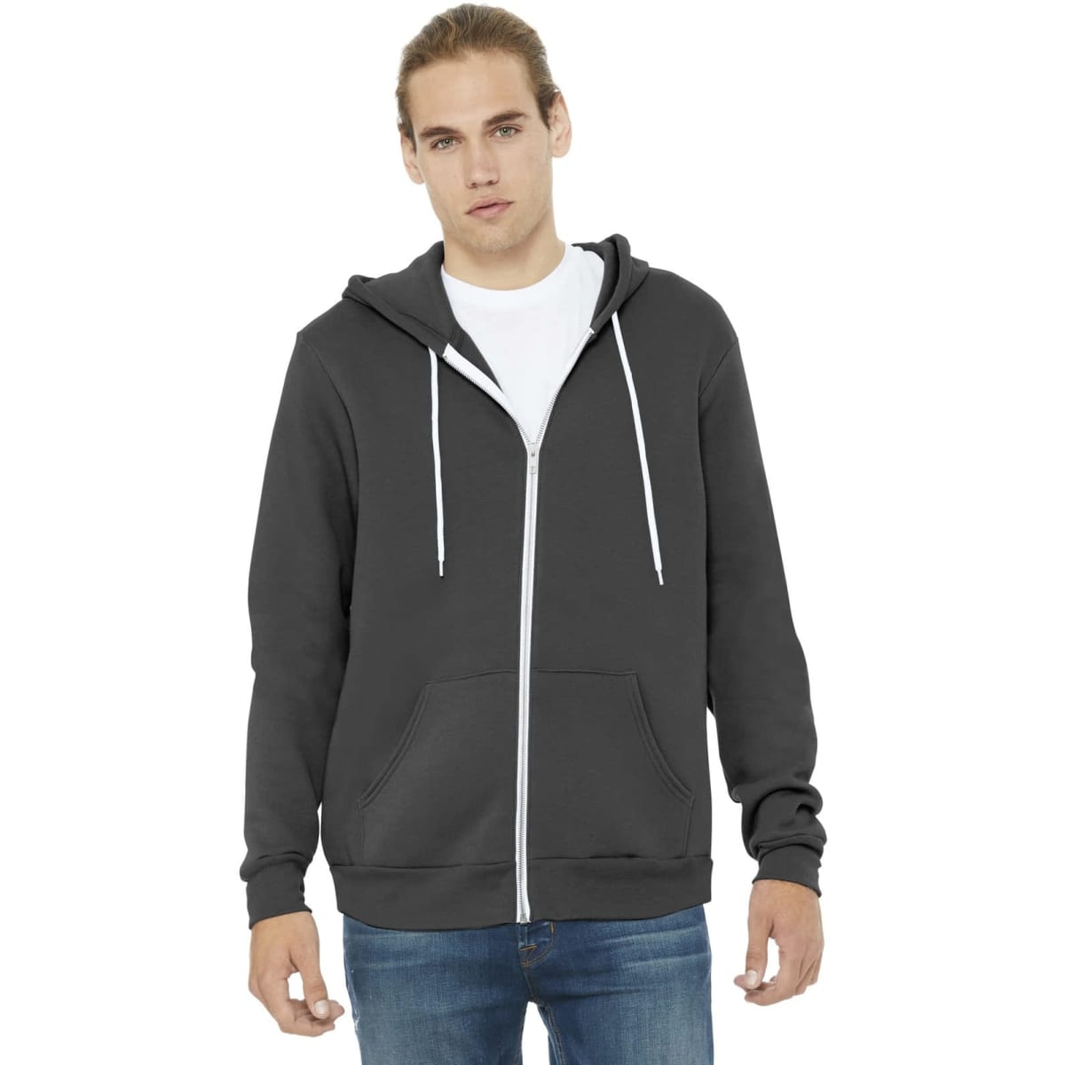A grey unisex sponge fleece full-zip hoodie with a front pocket and a logo on the chest.