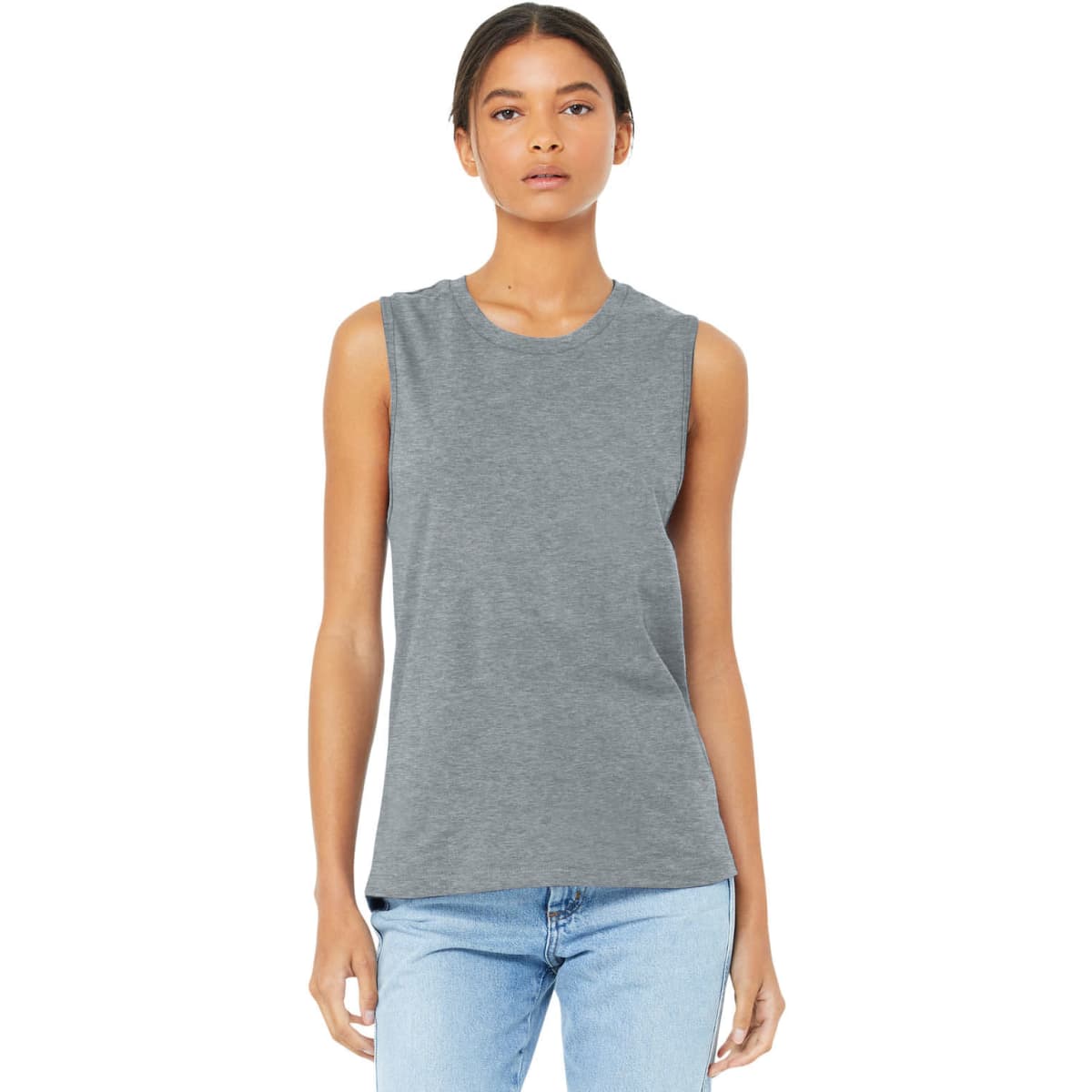 A grey women's jersey muscle tank featuring no sleeves and a relaxed fit. The top has a small logo.