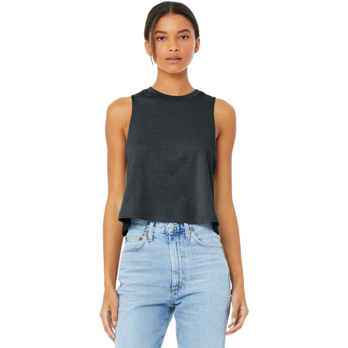A black women's racerback cropped tank top displayed on a model, paired with light blue jeans. The top has a logo.