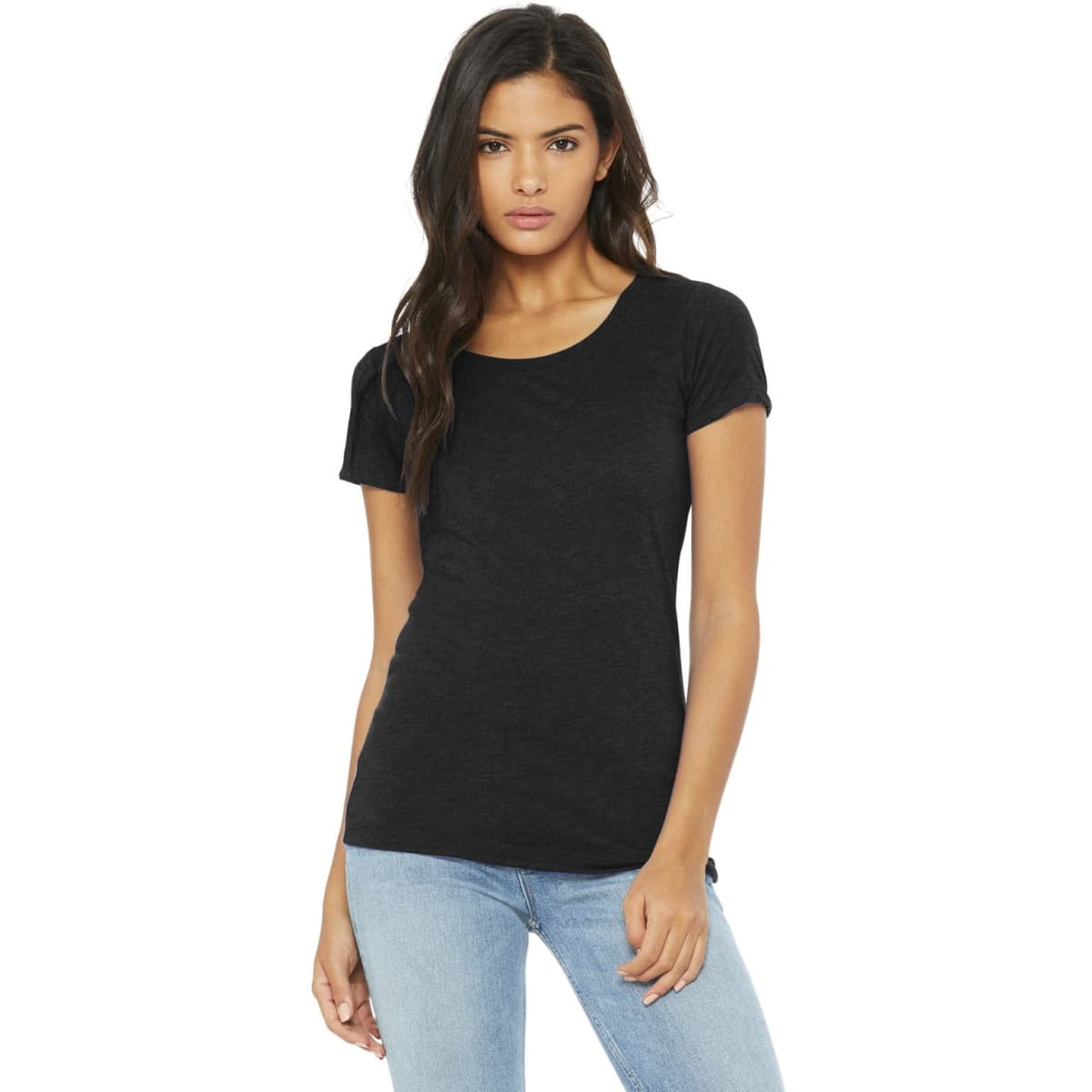 A black women's triblend short sleeve tee with a scoop neckline, paired with light blue jeans. Features a logo.