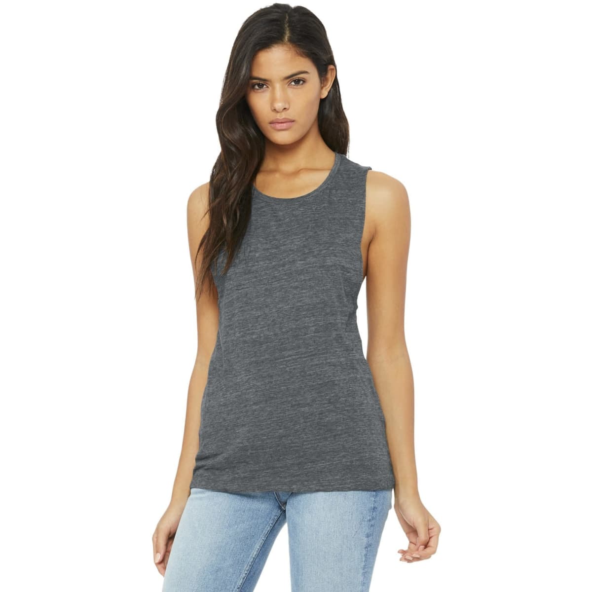 A grey women's flowy scoop muscle tank top, featuring a sleeveless design and a casual fit.