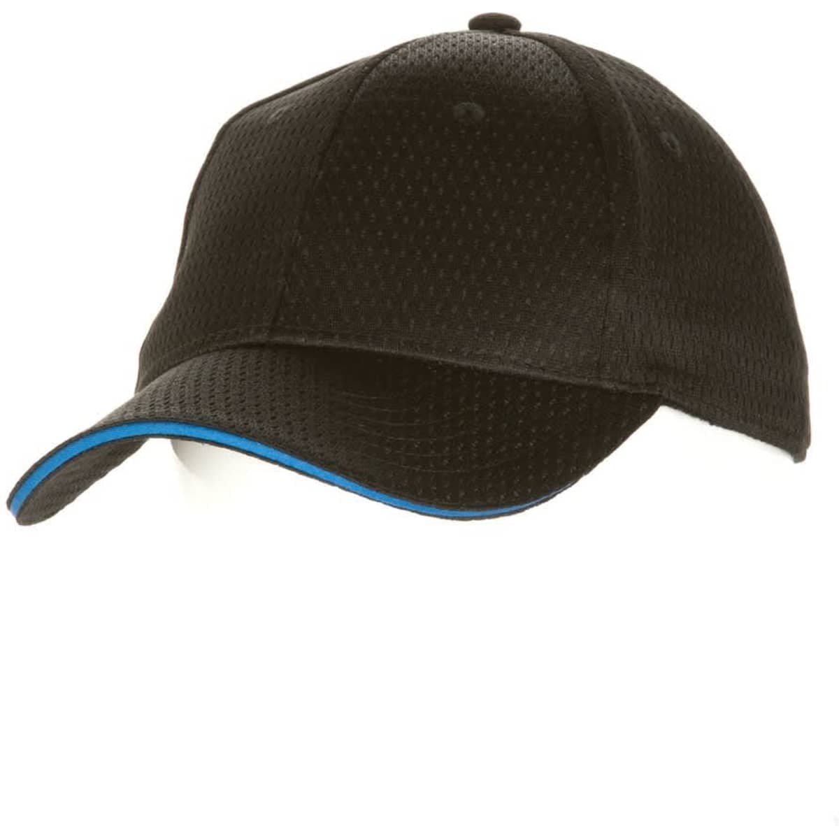 A black baseball cap with a mesh design and a blue trim, featuring a logo on the front.