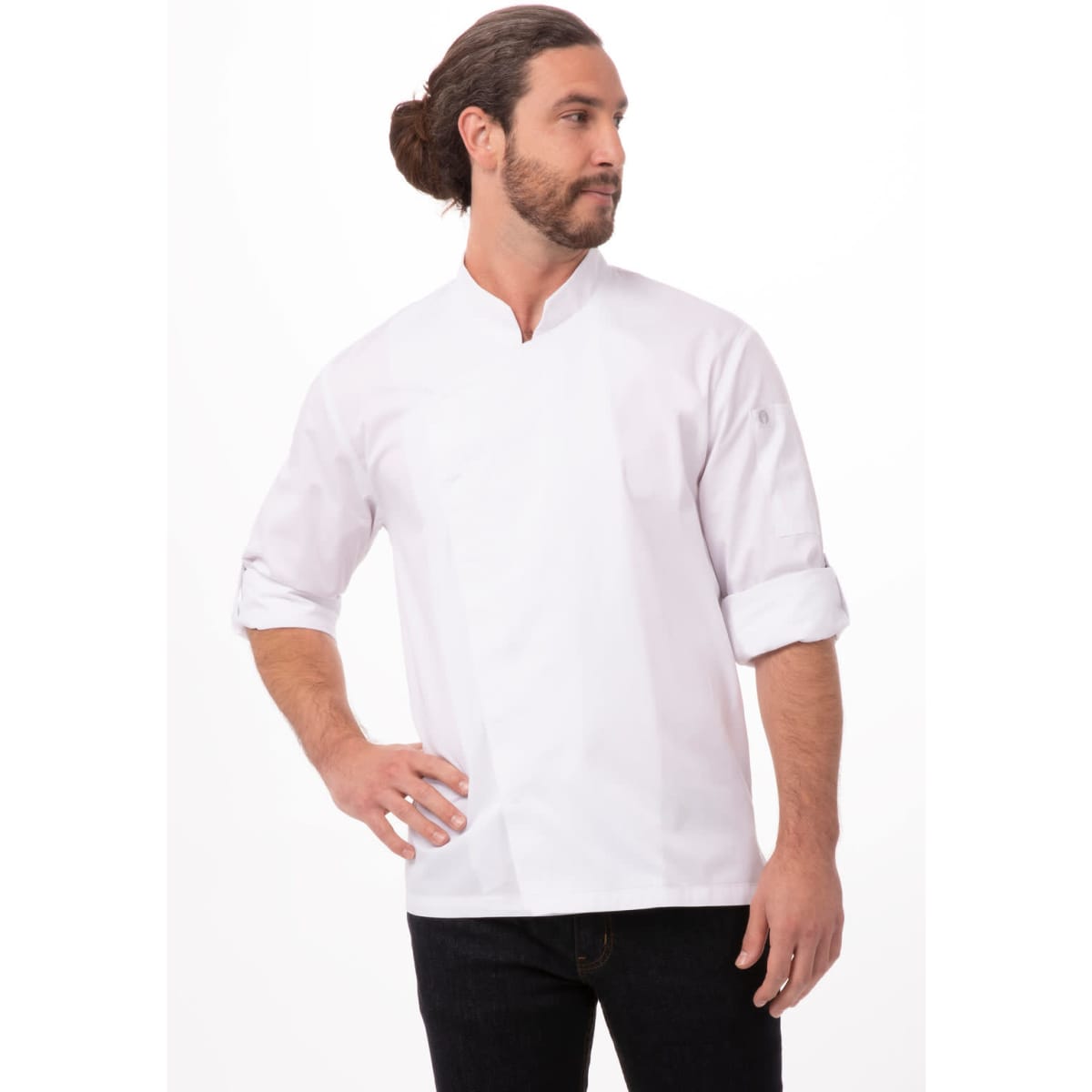 A white men's chef jacket with a mandarin collar and rolled sleeves, featuring a logo on the sleeve.