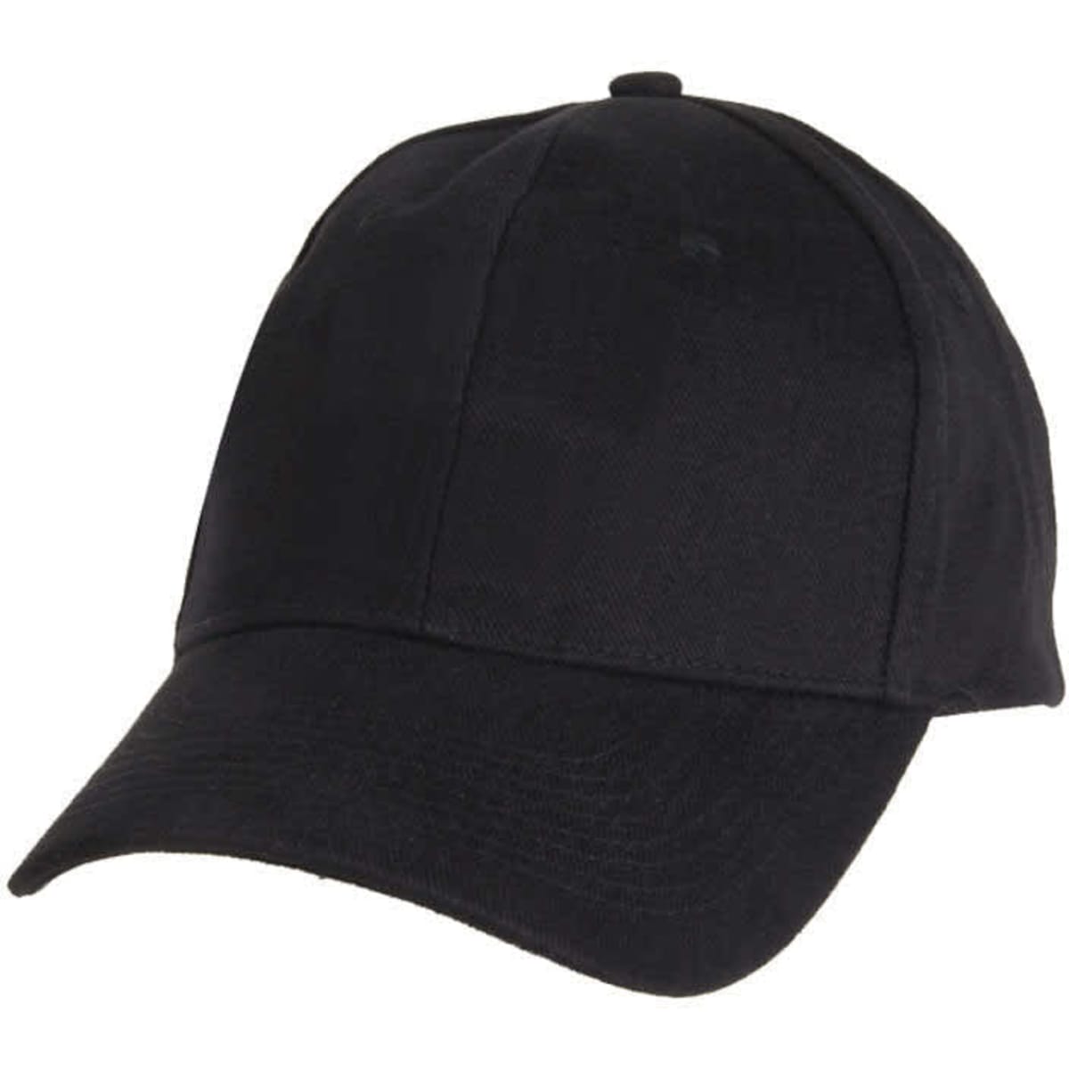 A black baseball cap featuring a rounded crown and a curved peak, with a logo on the front.