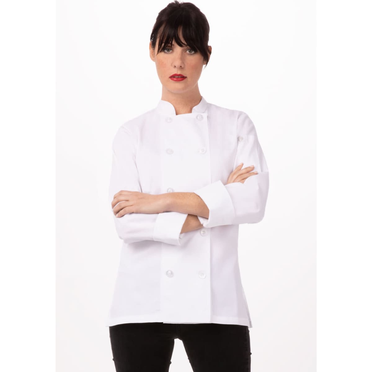 A women's chef jacket in white, featuring a button-up design, with a model posing confidently.