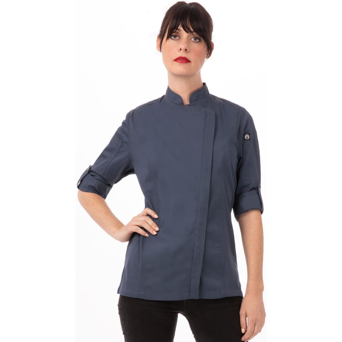 A dark blue women's chef jacket with a mandarin collar and rolled sleeves, featuring a logo on one arm.