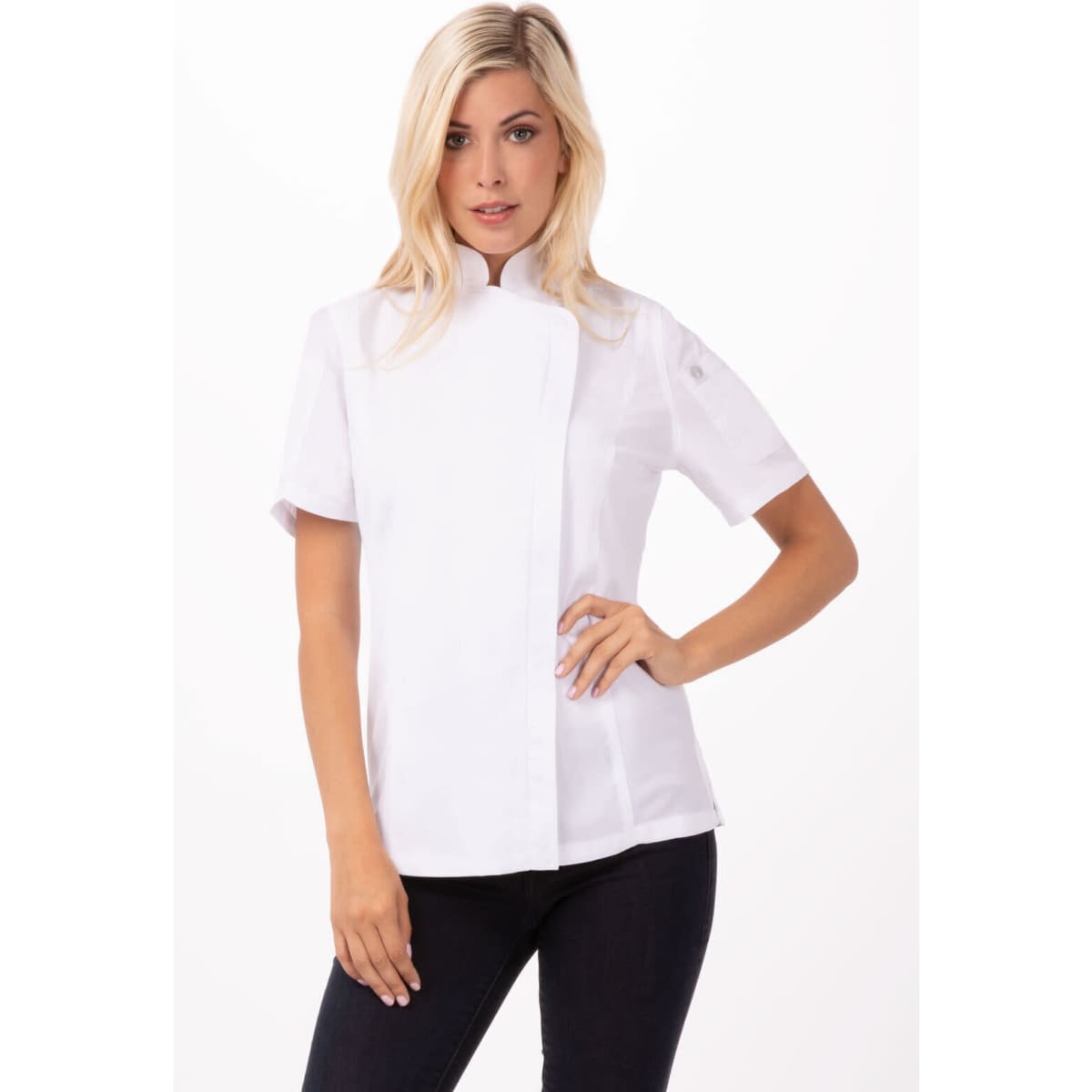 A white women's chef jacket featuring a stand-up collar and short sleeves, worn by a model. It has a logo.