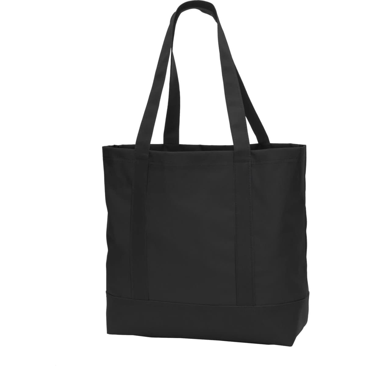 A black tote bag with two sturdy handles and a spacious interior, featuring a simple design and a logo.