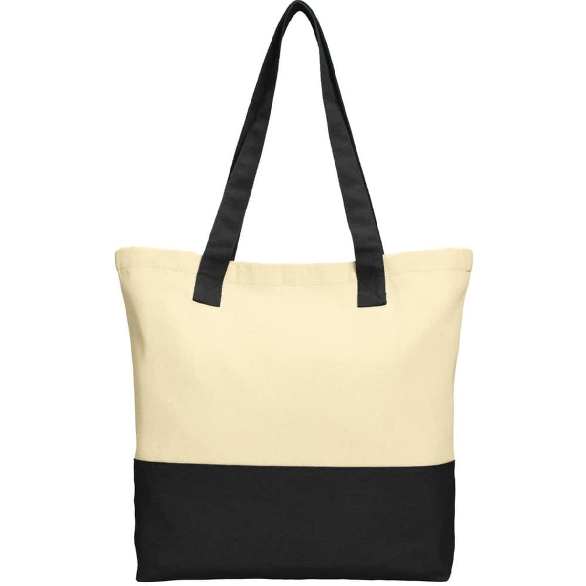 A tote bag featuring a cream upper section and a black lower section, with two black handles and a logo.