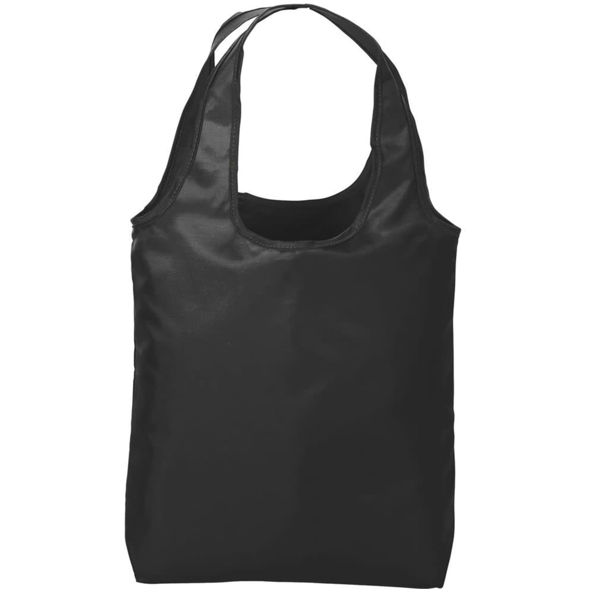 A black tote bag with durable fabric and shoulder straps. It features a logo on the front.