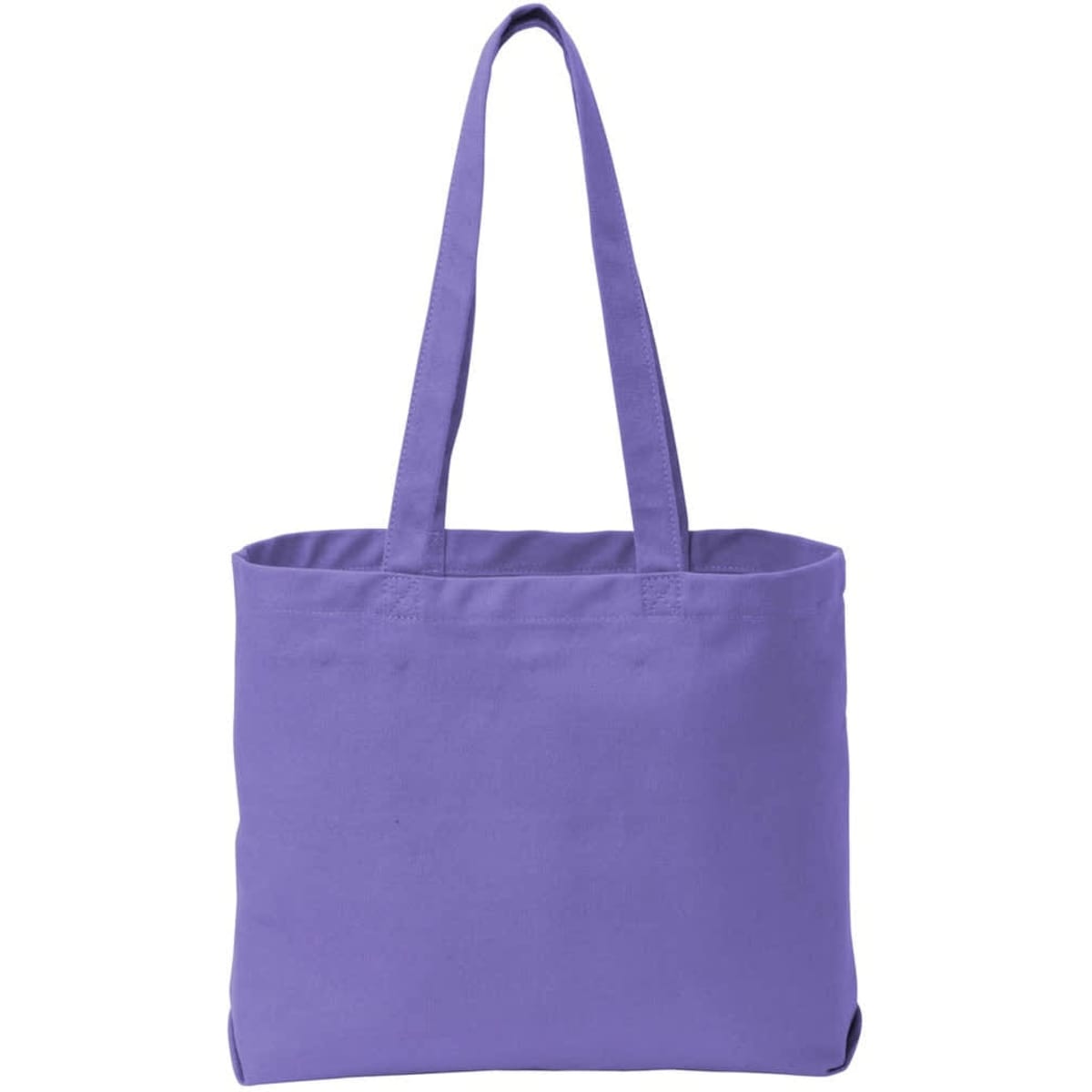 A purple tote bag with two shoulder straps and an open design, featuring a branding logo.