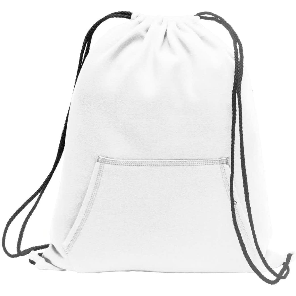 A white drawstring backpack featuring a front pocket and black drawstrings, designed for casual use.