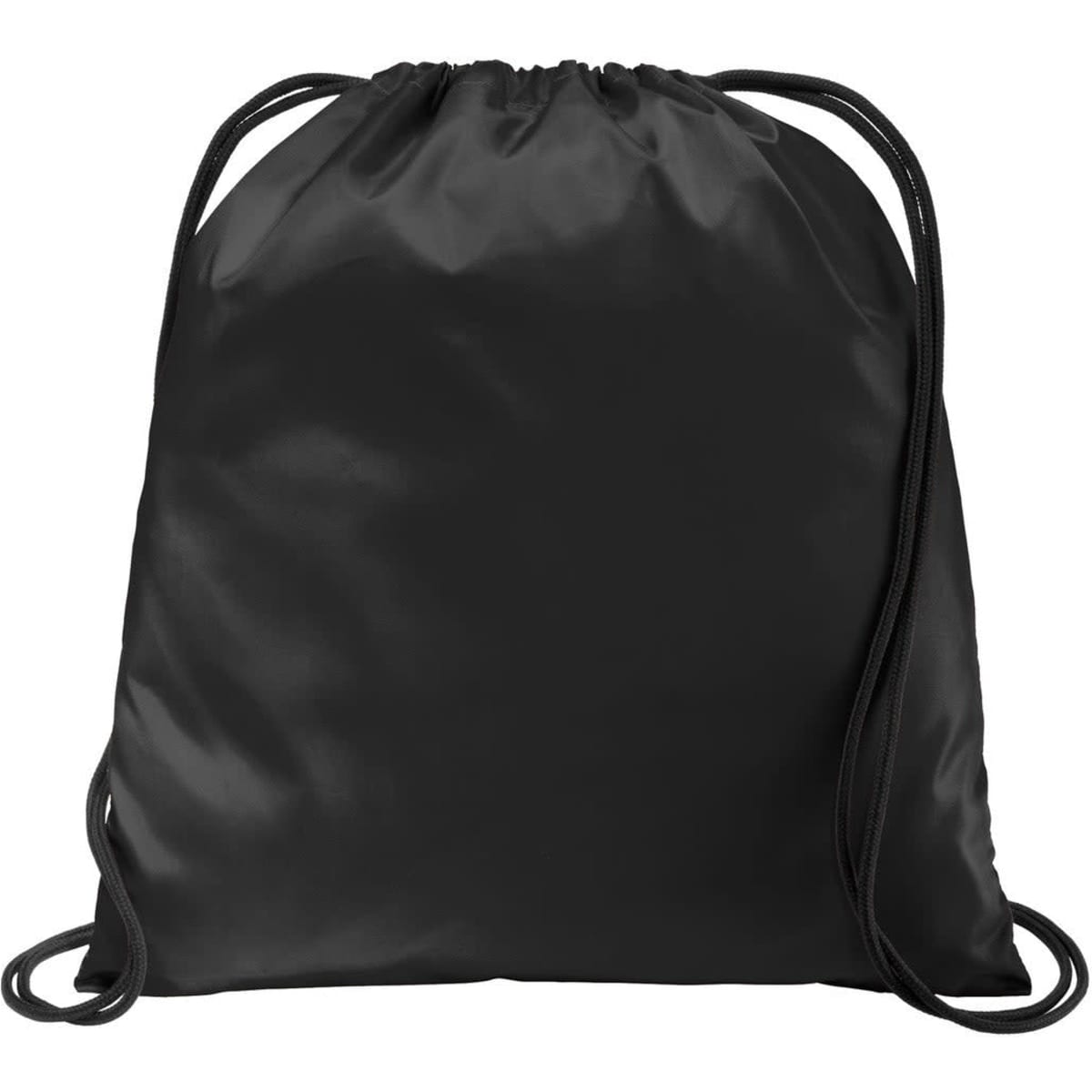 A black drawstring bag featuring a glossy finish and dual cords for closure, includes a logo.