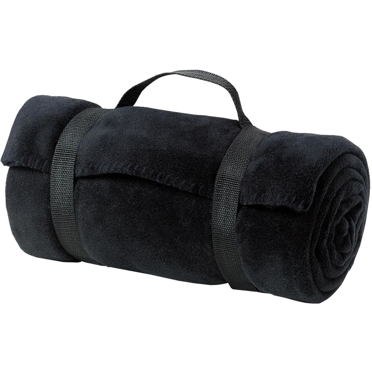 A black fleece blanket rolled and secured with a strap, featuring a soft texture.