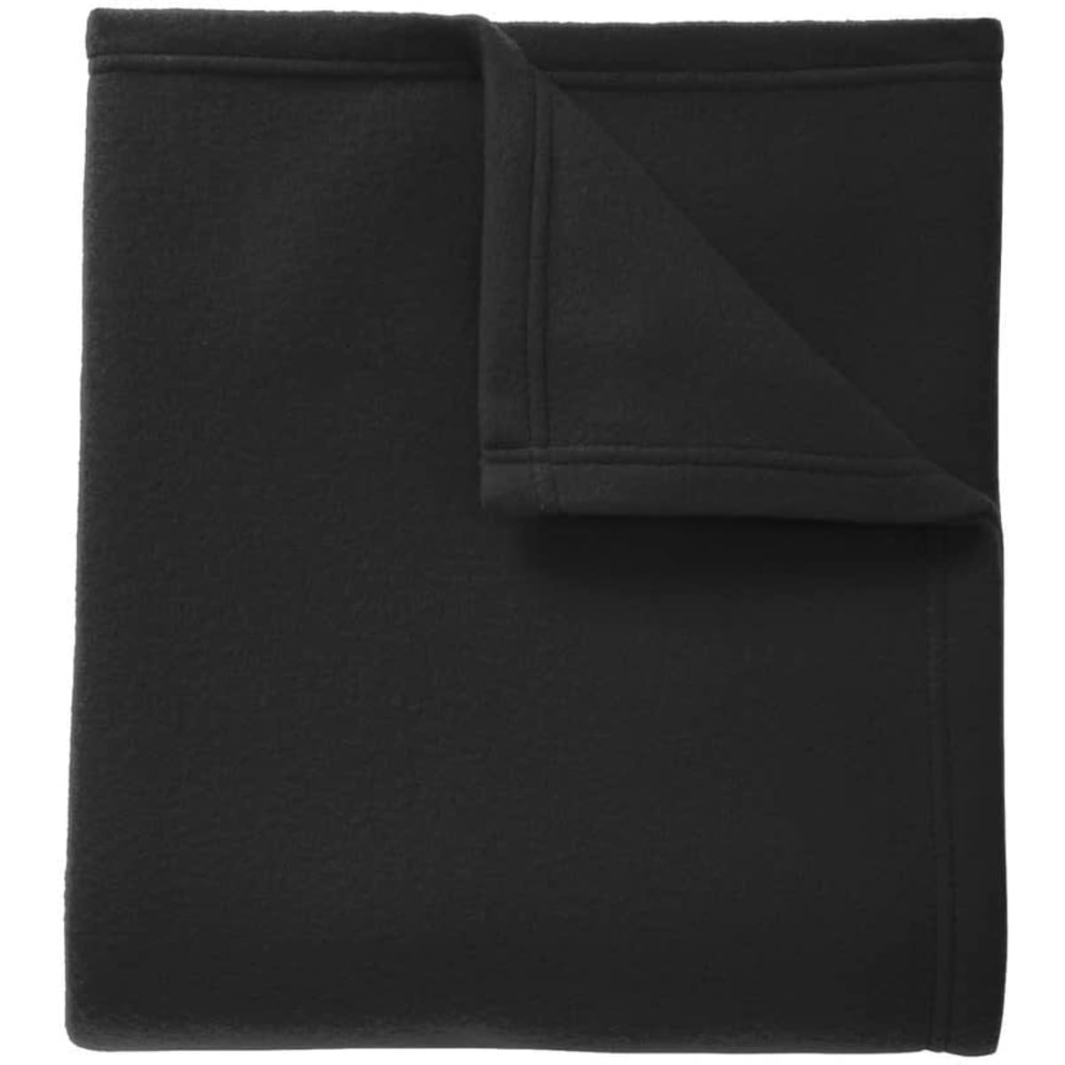 A black fleece blanket folded neatly with a smooth texture and a subtle stitched edge.
