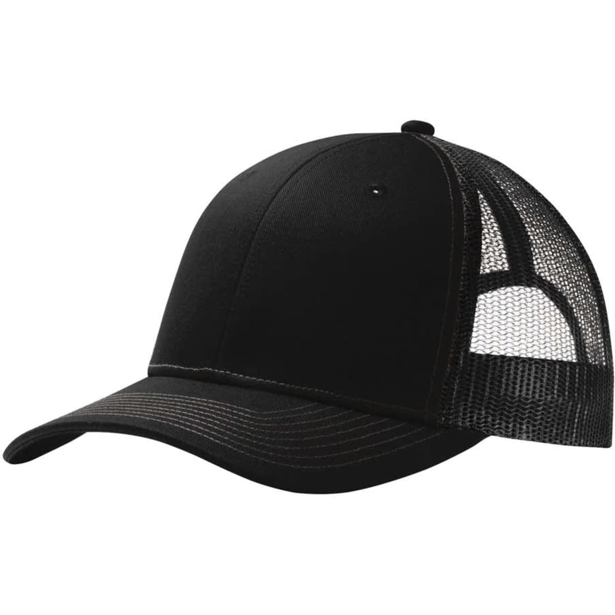 A black snapback trucker cap featuring a solid front and mesh back, with an adjustable strap and a logo.