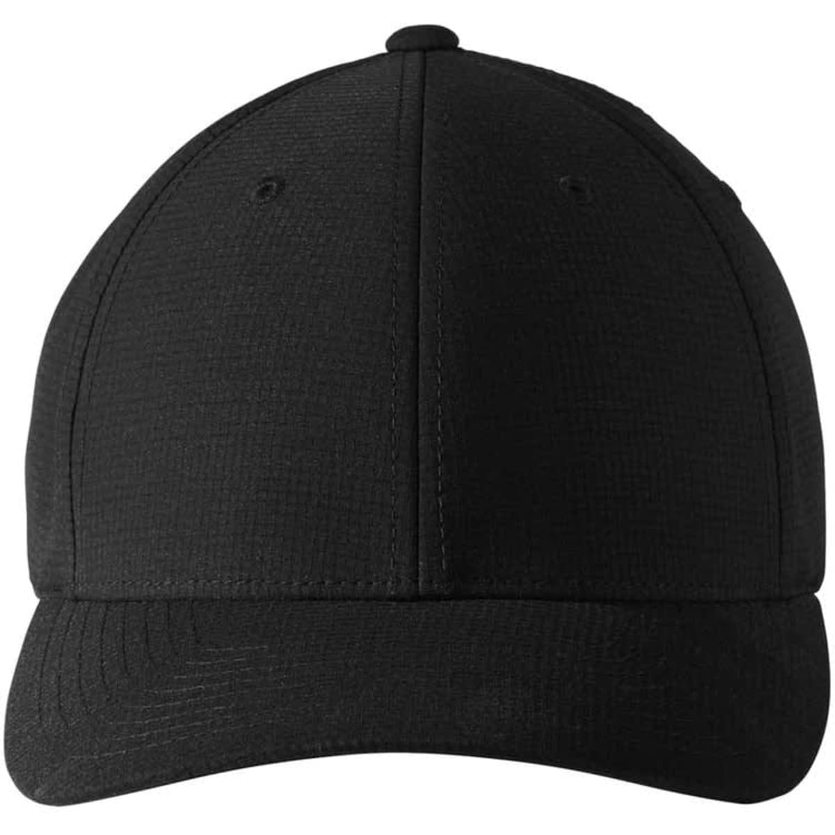 A black snapback cap featuring a structured design and a branding logo on the front.