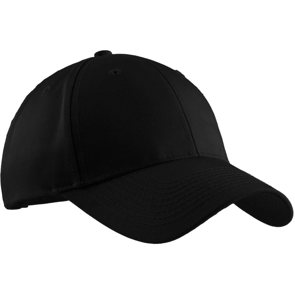 A black cap featuring a rounded crown and a curved brim, with a logo on the front.