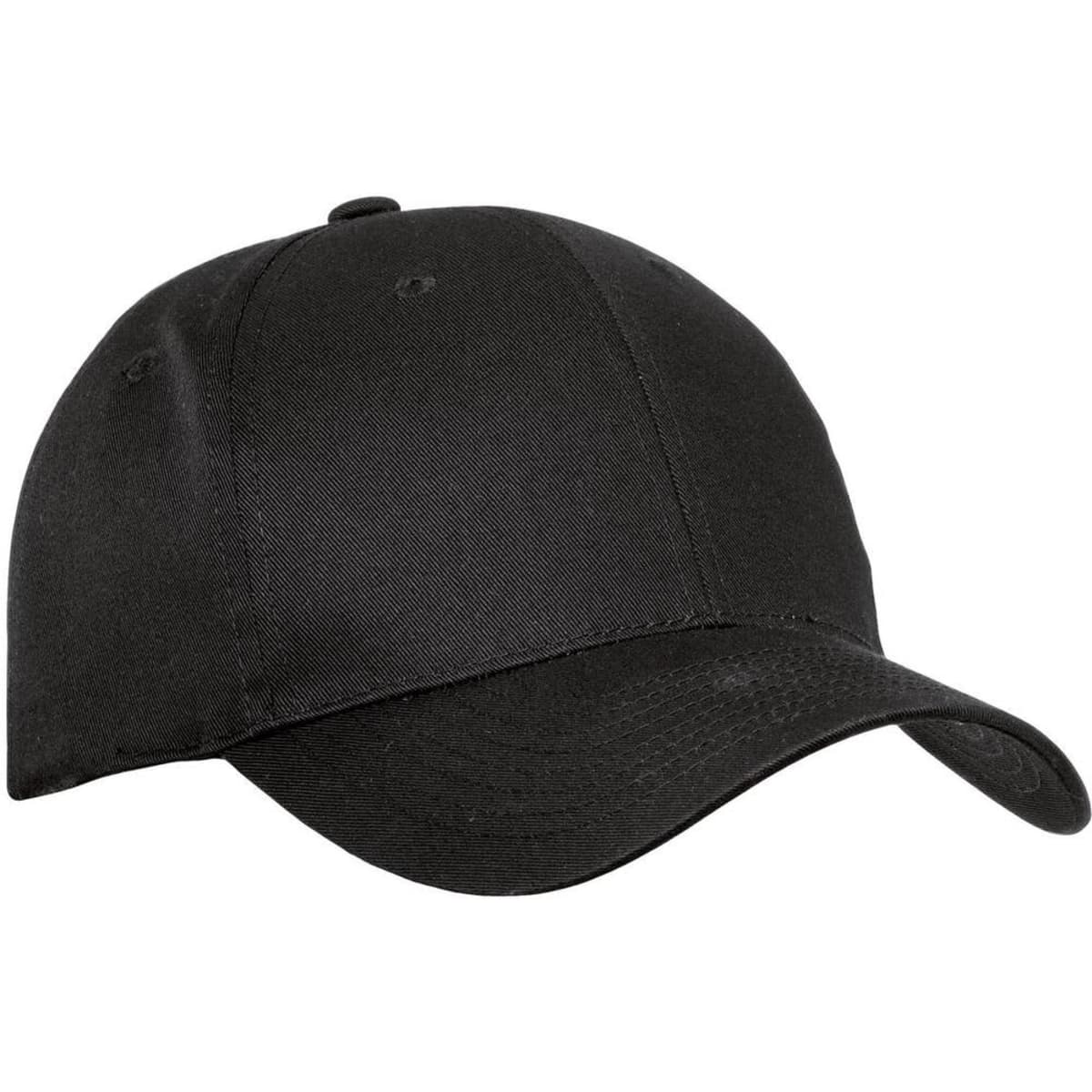 A black fine twill cap with a curved brim and an adjustable strap, featuring a logo.