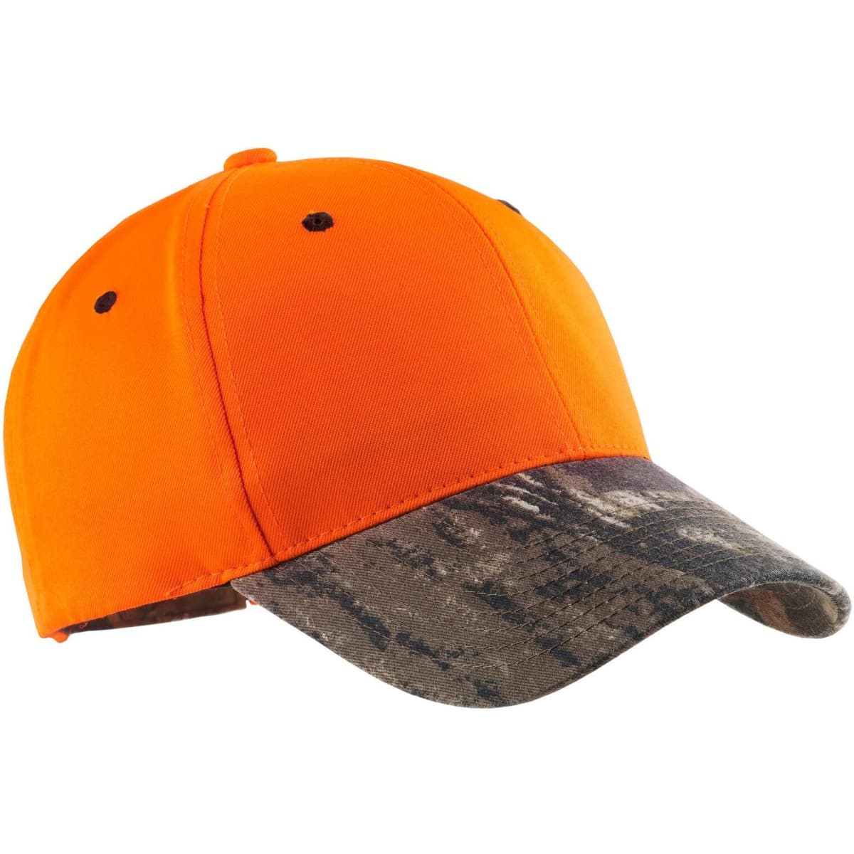 An orange cap featuring a camouflage brim, designed for enhanced visibility with a basic logo.