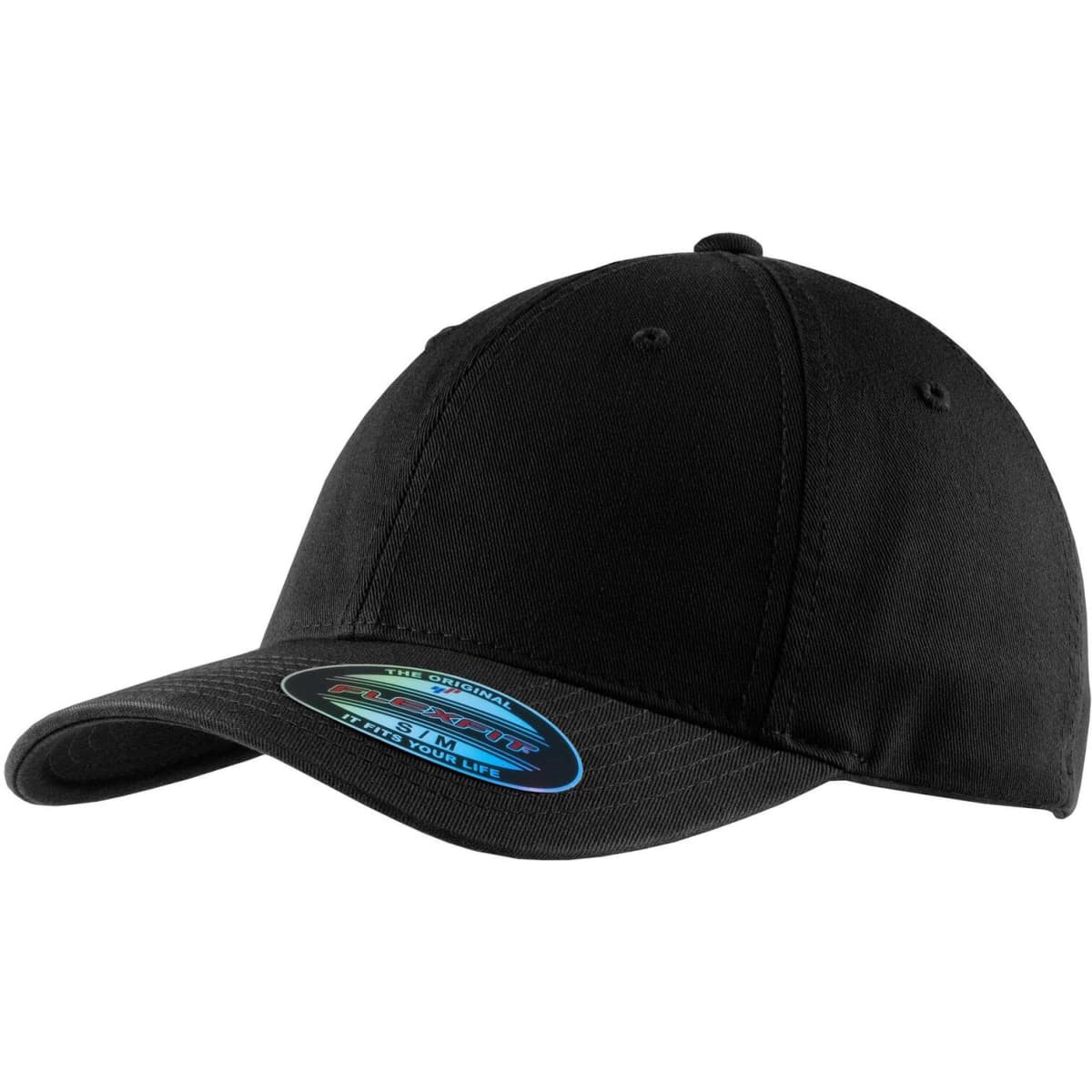 A black Flexfit garment-washed cap with a curved brim and an attached logo.