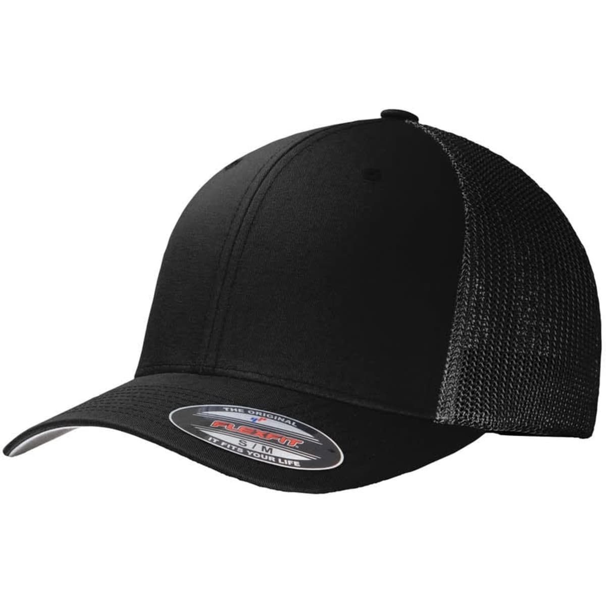 A black cap featuring a solid front and mesh back, with a logo on the side.