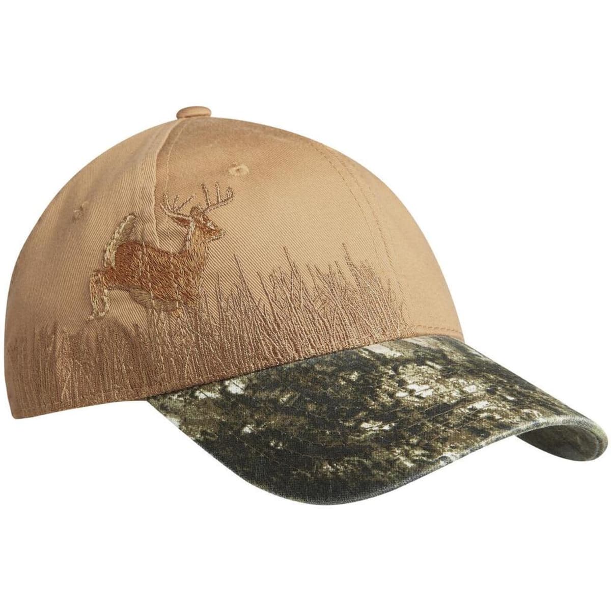 A camouflage cap featuring a tan upper and a patterned green bill, with an embroidered design on the front.
