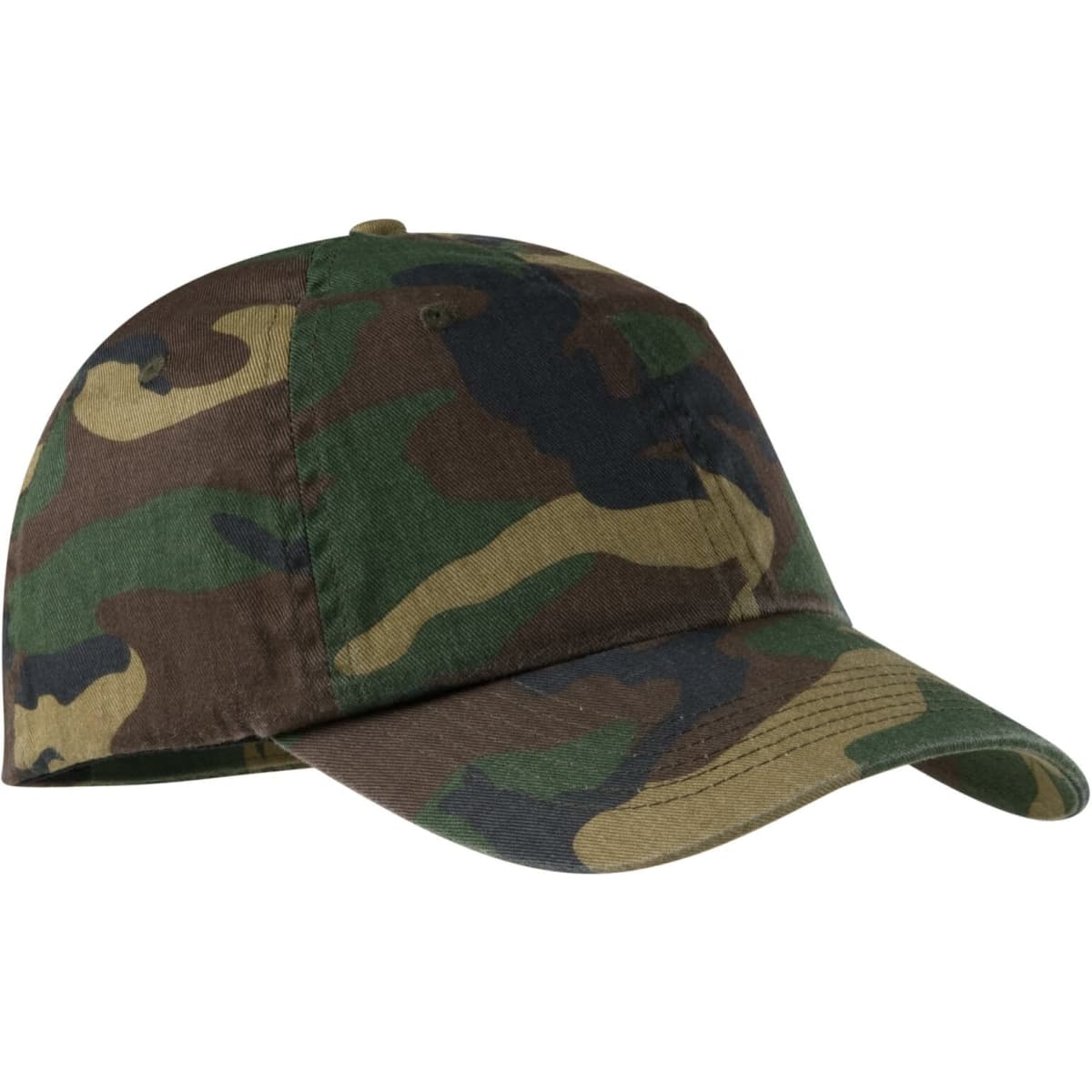 A camouflage cap in shades of green, brown, and tan, featuring a curved brim and a logo.