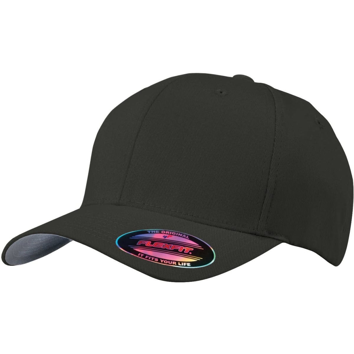 A black Flexfit cap with a curved visor and a branded patch on the front.