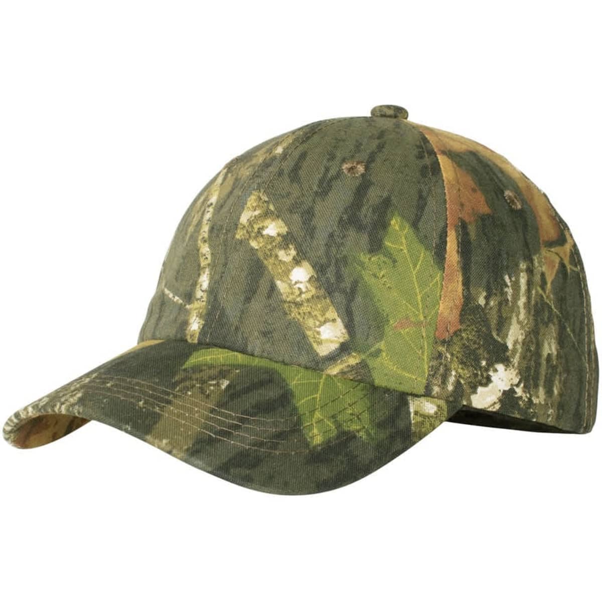 A camouflage-patterned cap in green, brown, and tan hues, featuring a structured design and a branded logo.