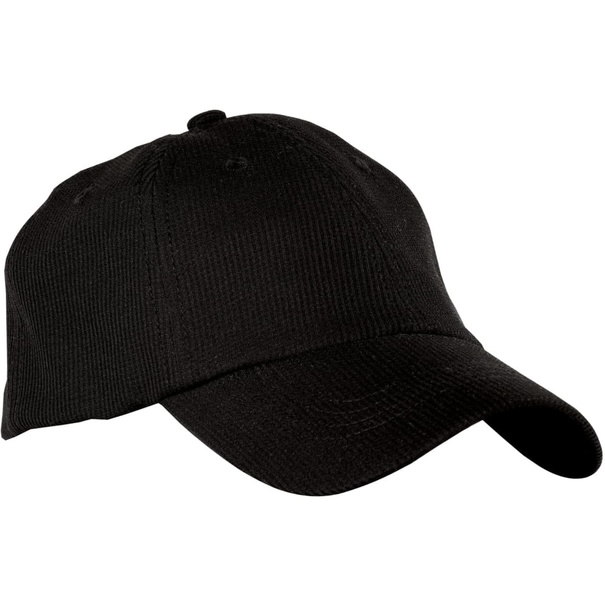 A black cap with a curved brim and a textured surface, featuring a logo on the front.