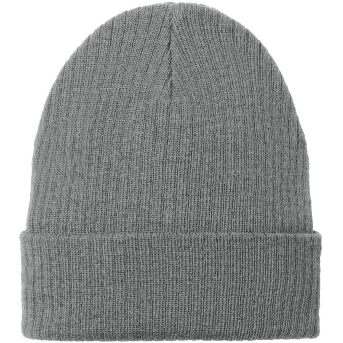 A grey beanie with a ribbed texture and folded cuff, featuring a logo.