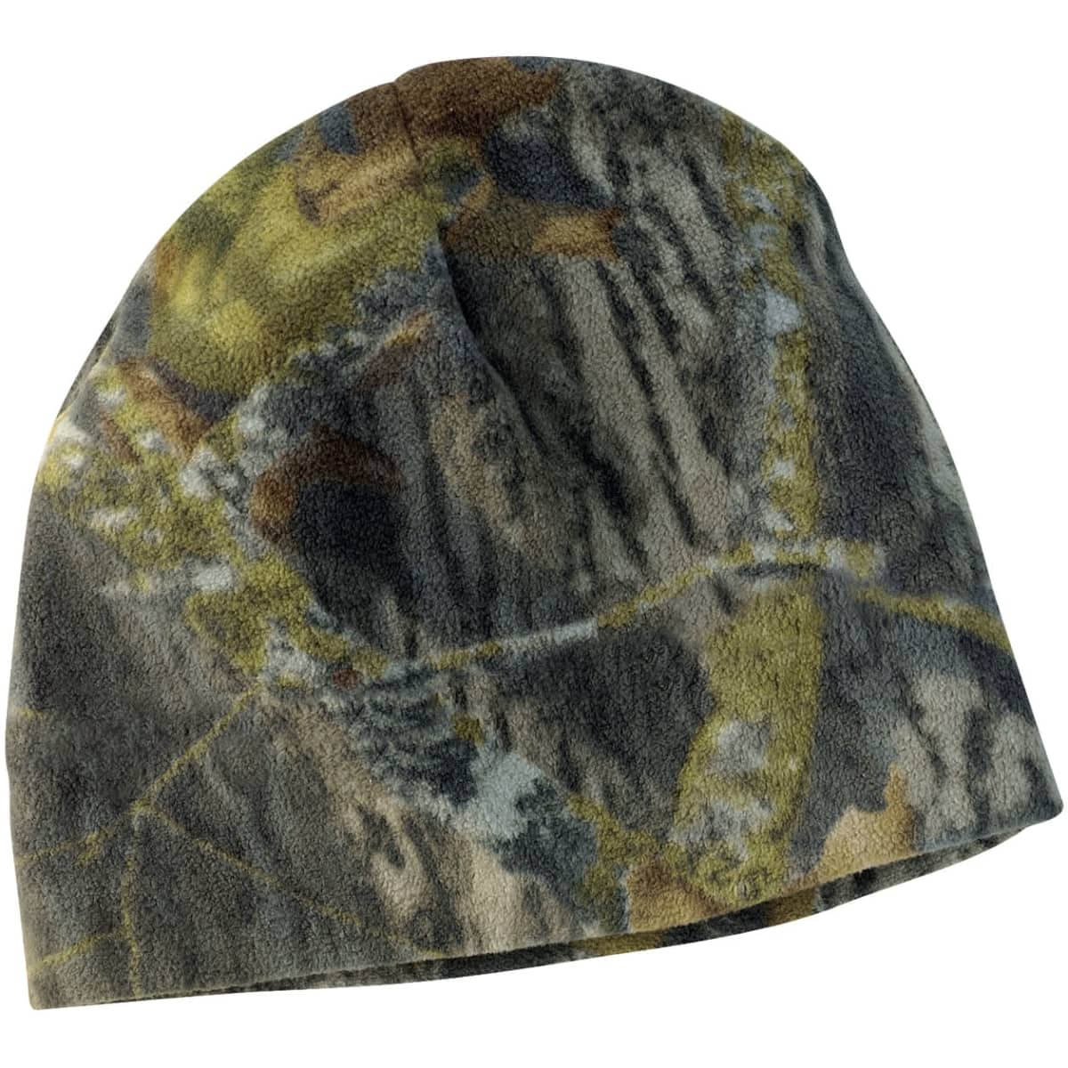 A camouflage fleece beanie in shades of green, brown, and grey. The beanie features a logo.