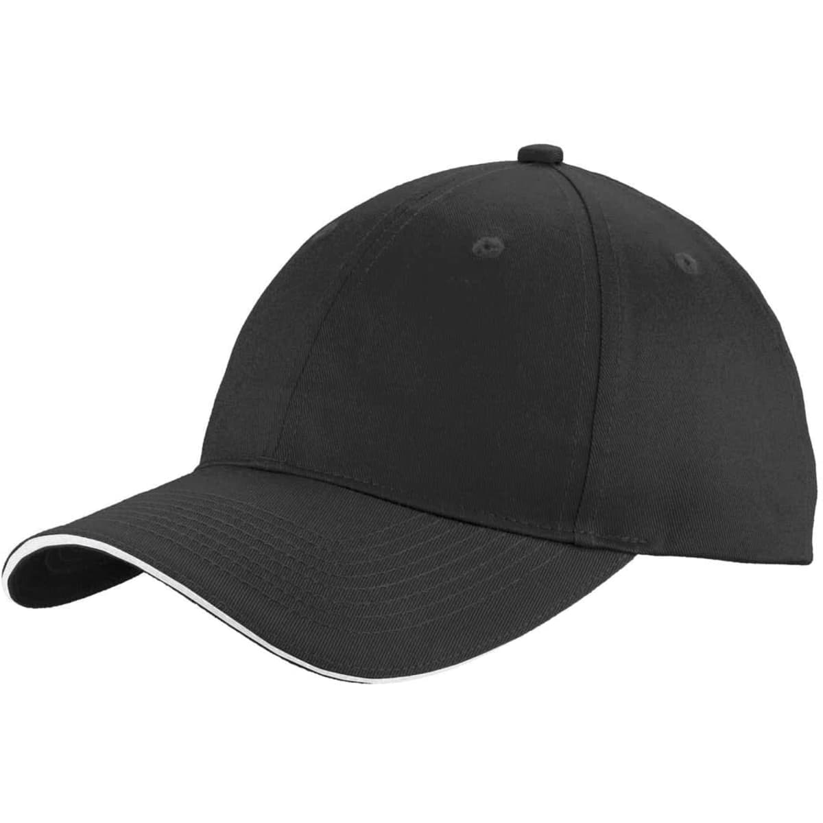 A black unstructured sandwich bill cap with white trim and a logo on the front.