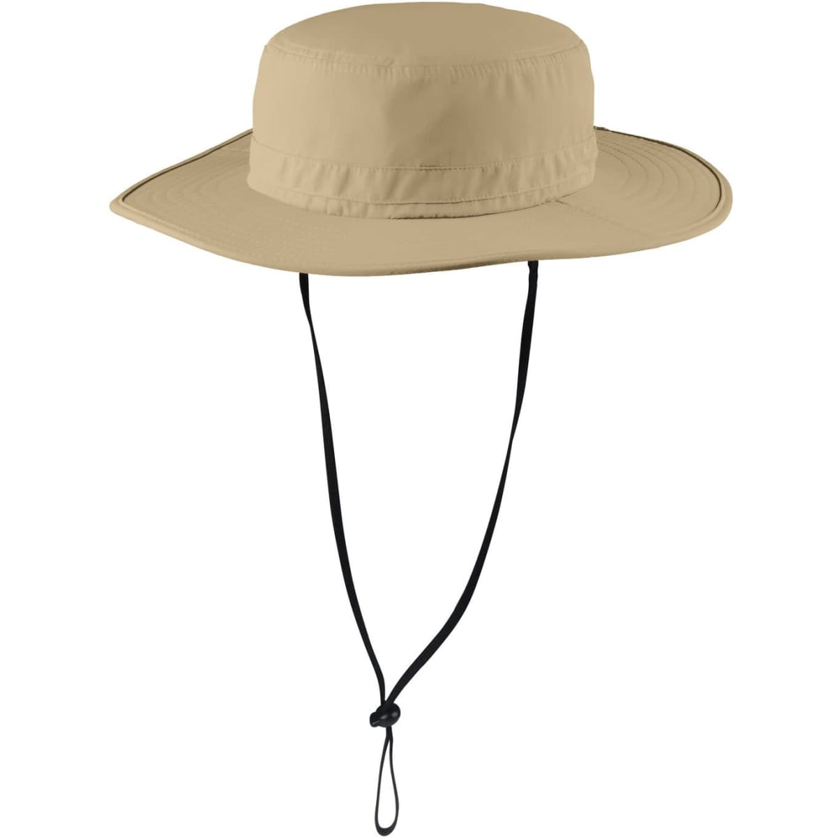 A wide-brim hat in sand colour with a drawstring and a logo. Suitable for outdoor activities.