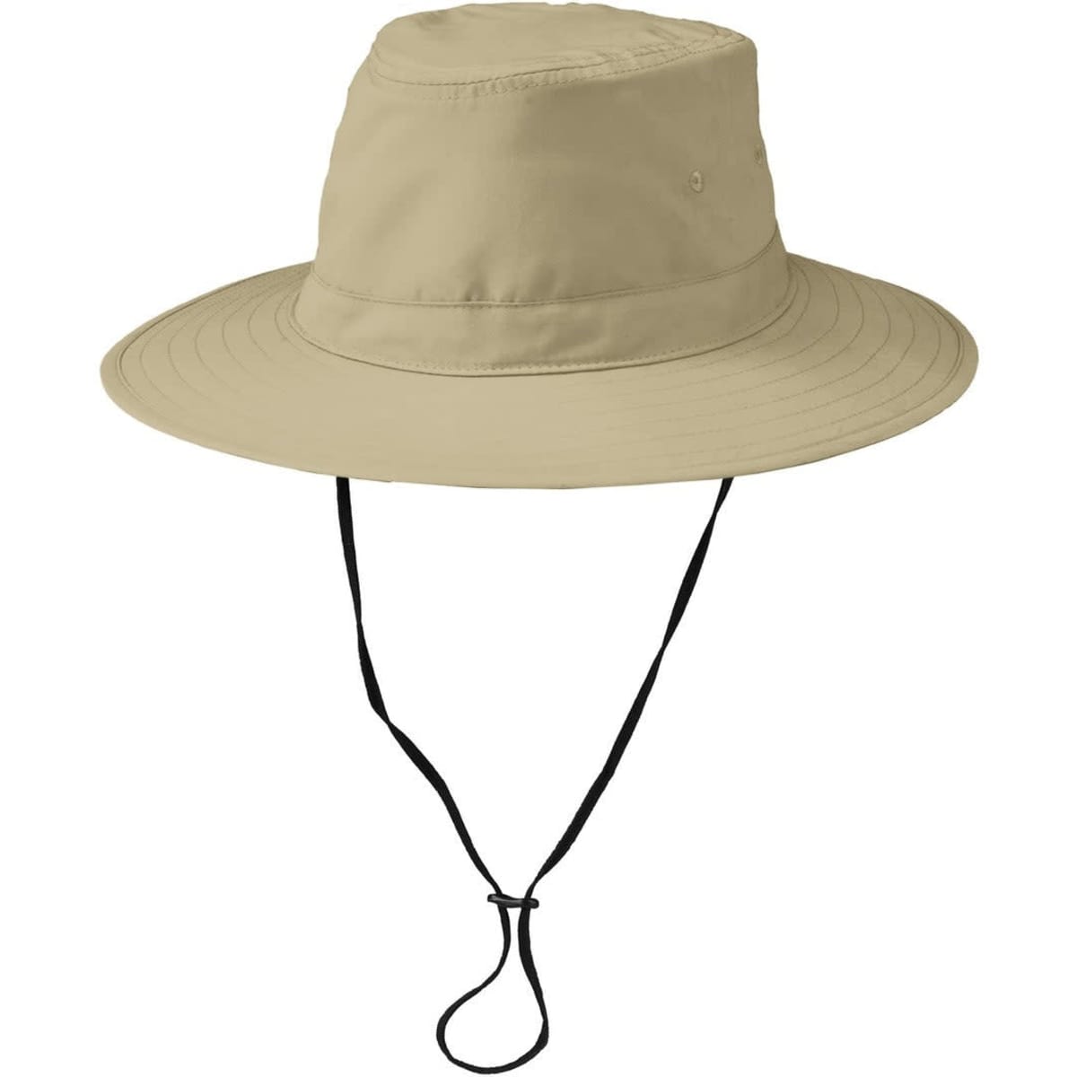 A beige bucket hat with a wide brim and adjustable chin strap, featuring a logo on the side.