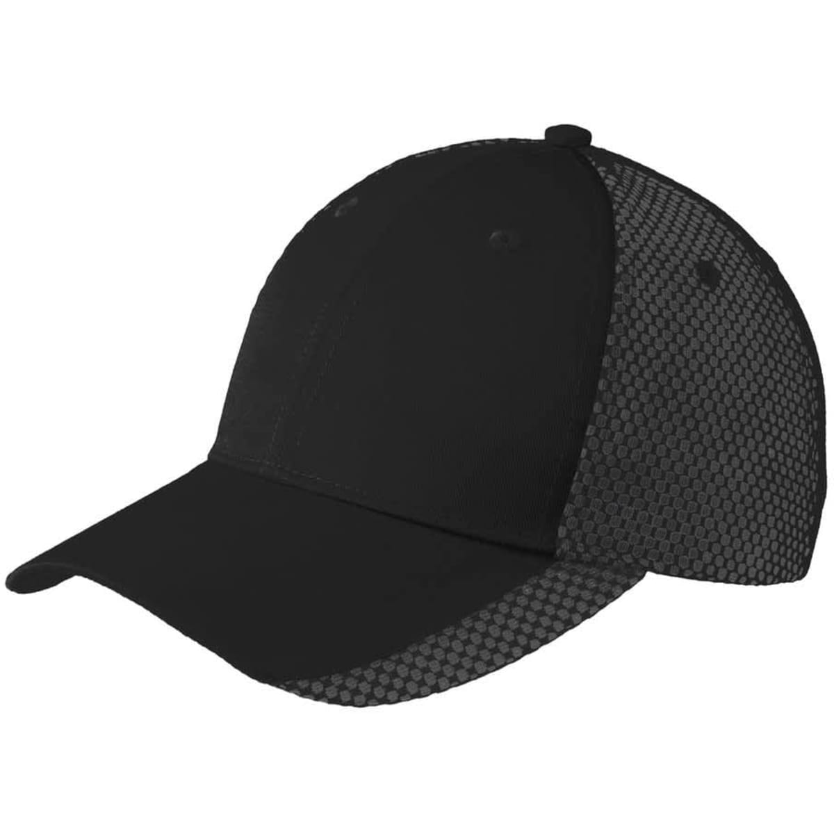 A black cap with a mesh back design, featuring a solid front and an adjustable strap, including a logo.