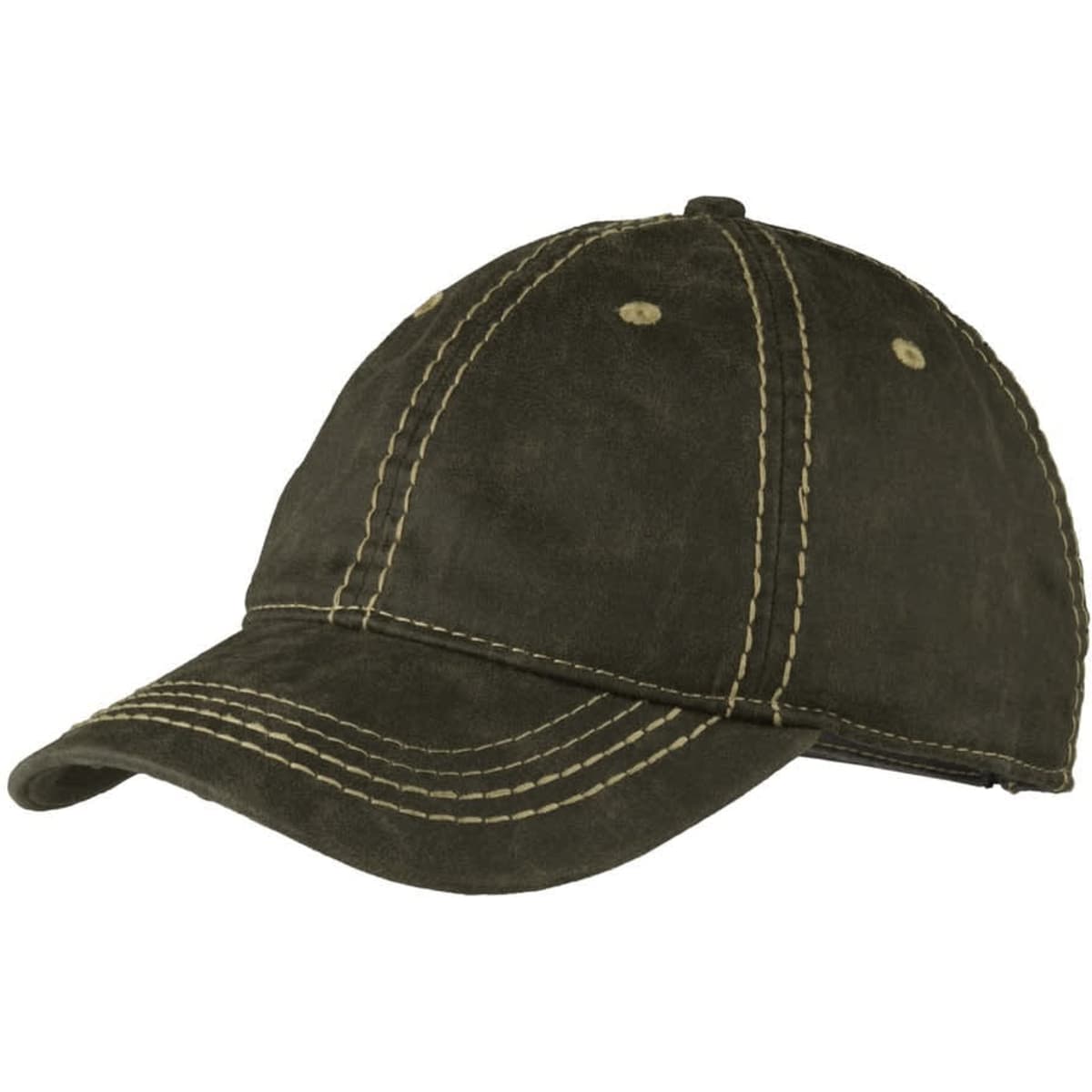 A dark green distressed cap with contrasting stitching and a curved brim, featuring a logo.