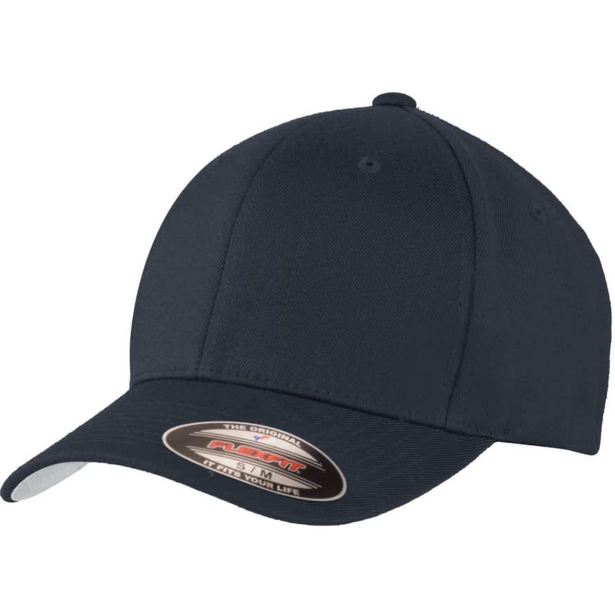 A navy wool blend cap with a curved brim and a logo on the front.