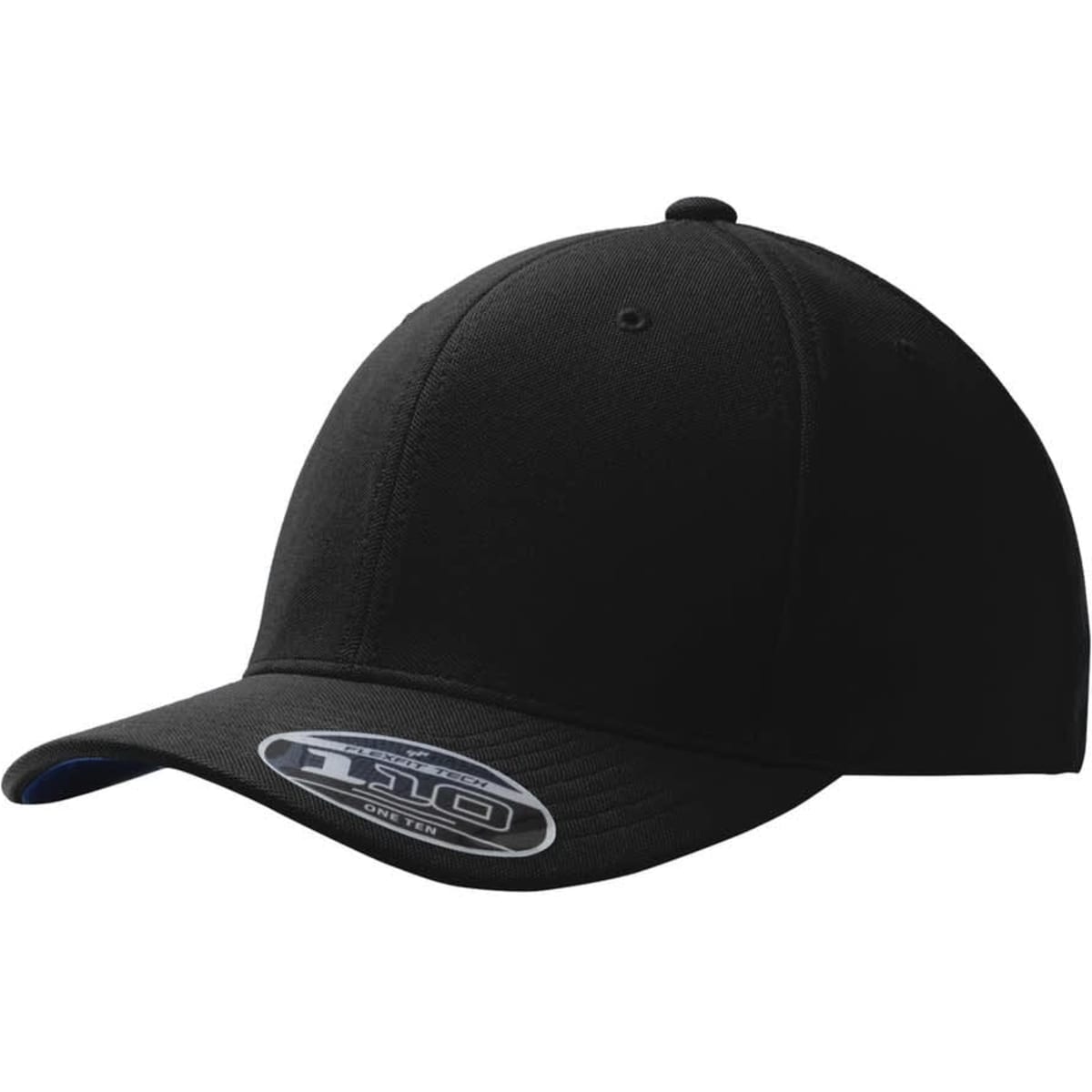 A black Flexfit cap with a rounded crown and curved visor, featuring a logo on the side.