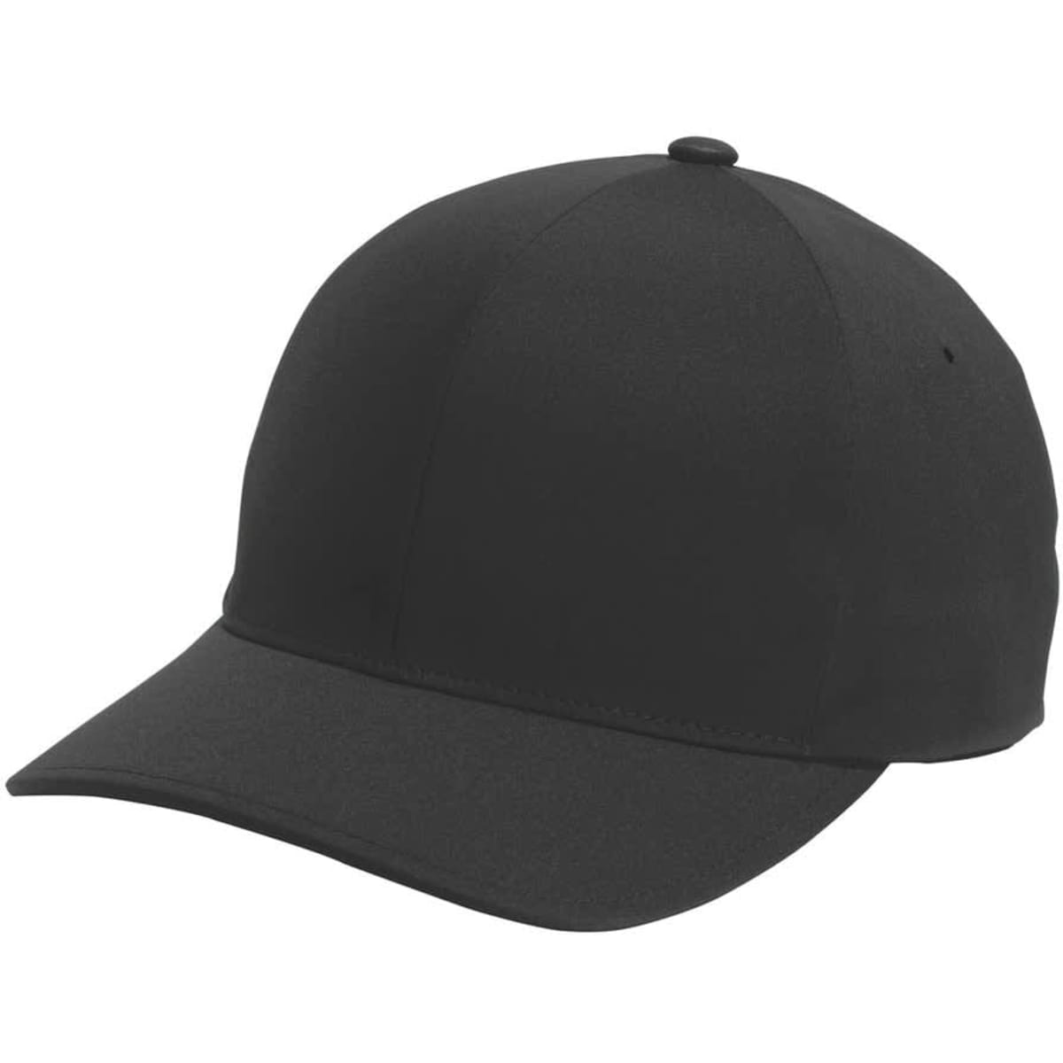 A black Flexfit Delta cap with a curved brim and a smooth texture, featuring a logo on the side.