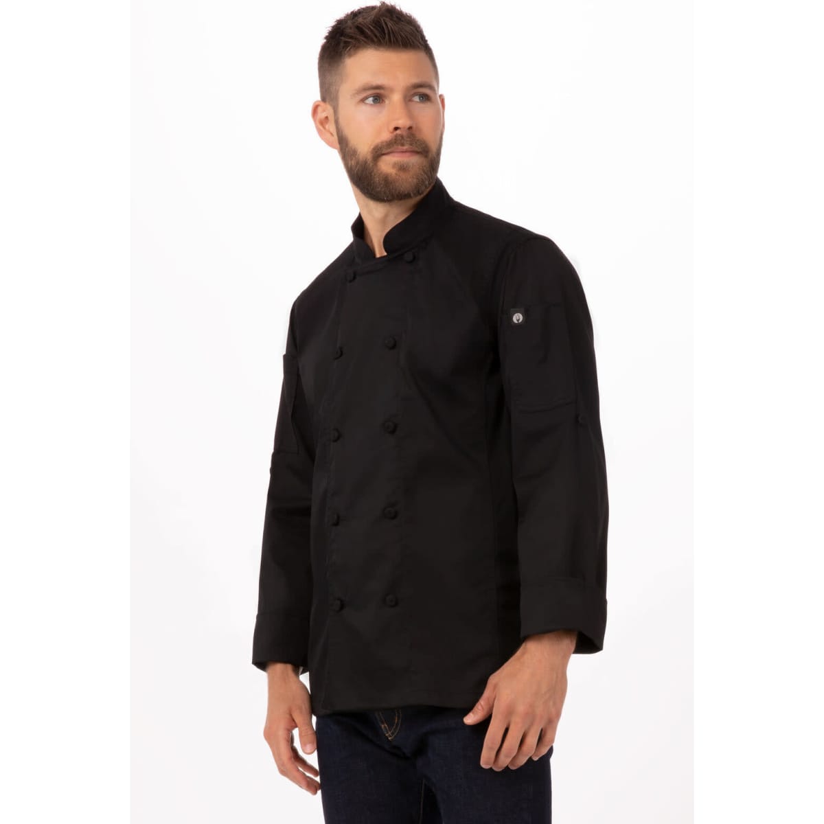 A black men's chef jacket with long sleeves and a double-breasted front, featuring a logo on the sleeve.