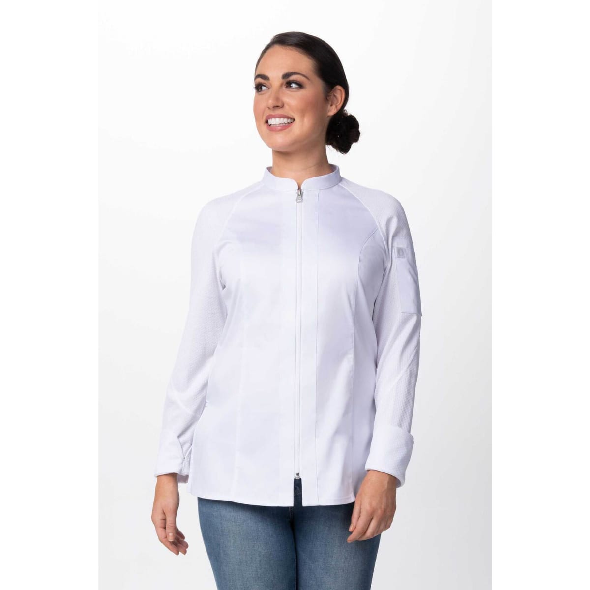 A white women's chef jacket with a zip front and a fitted design, featuring long sleeves and a branding logo.