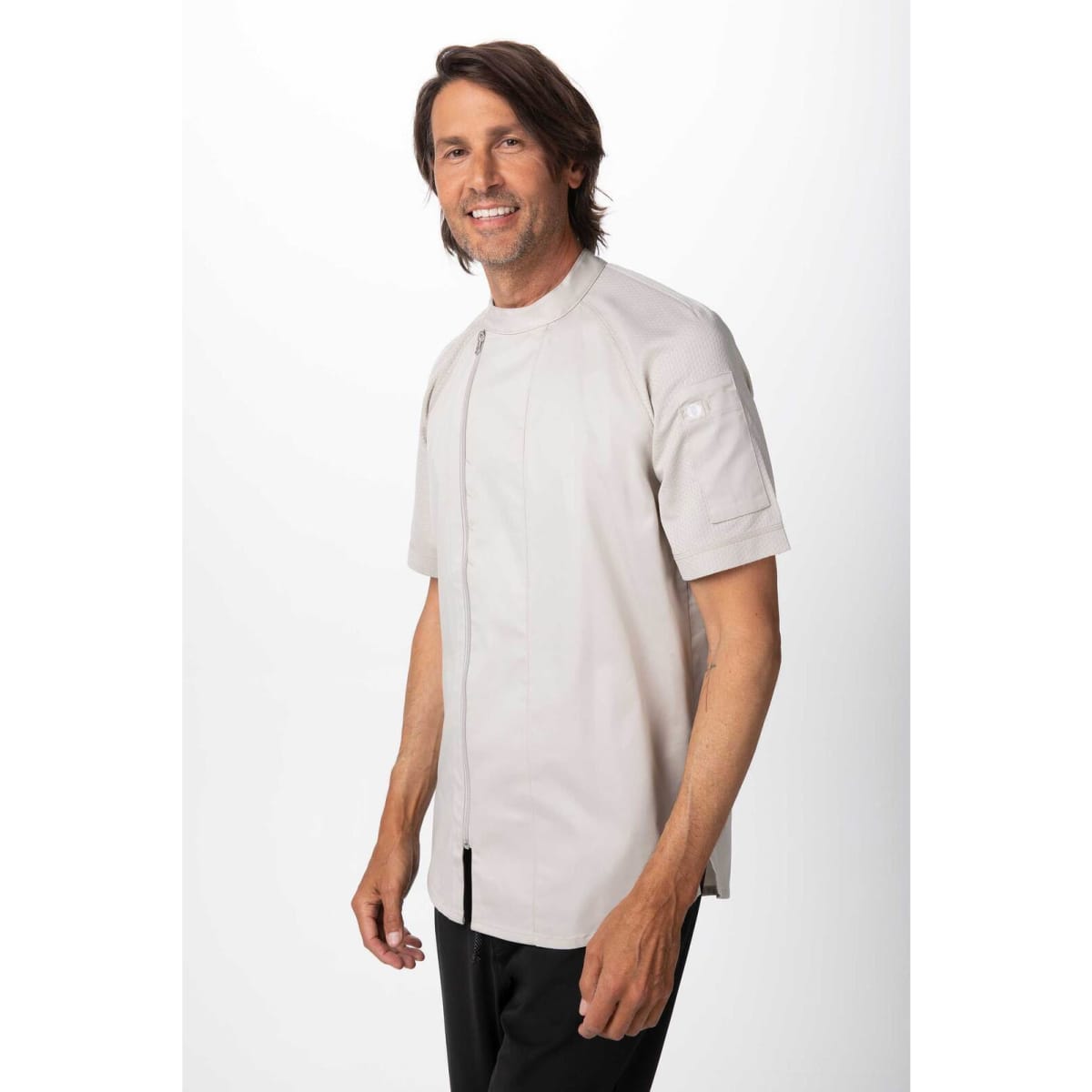 A light grey men's chef jacket with short sleeves, featuring a logo on one sleeve.