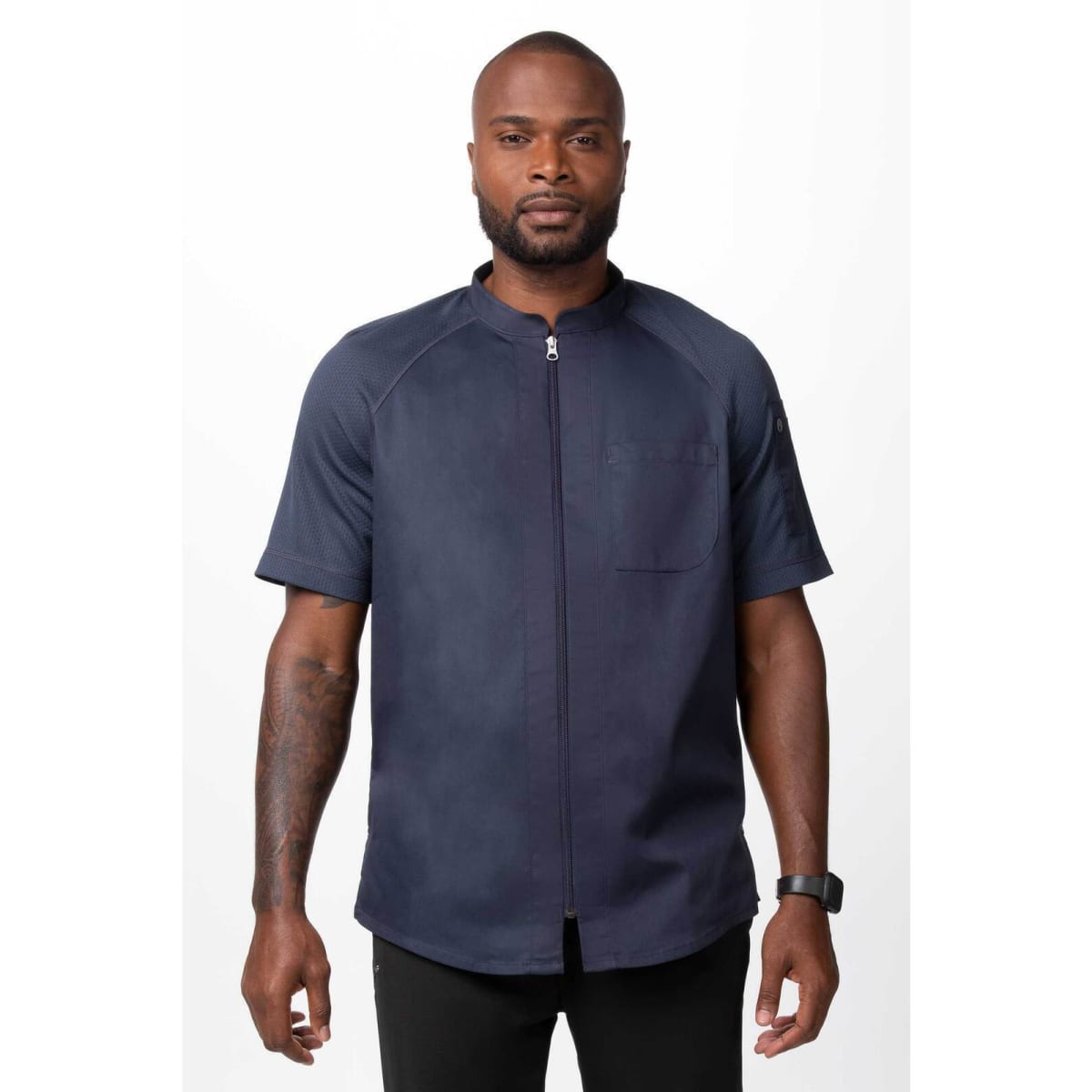 A men's chef jacket in navy blue featuring short sleeves, a zip front closure, and a chest pocket.