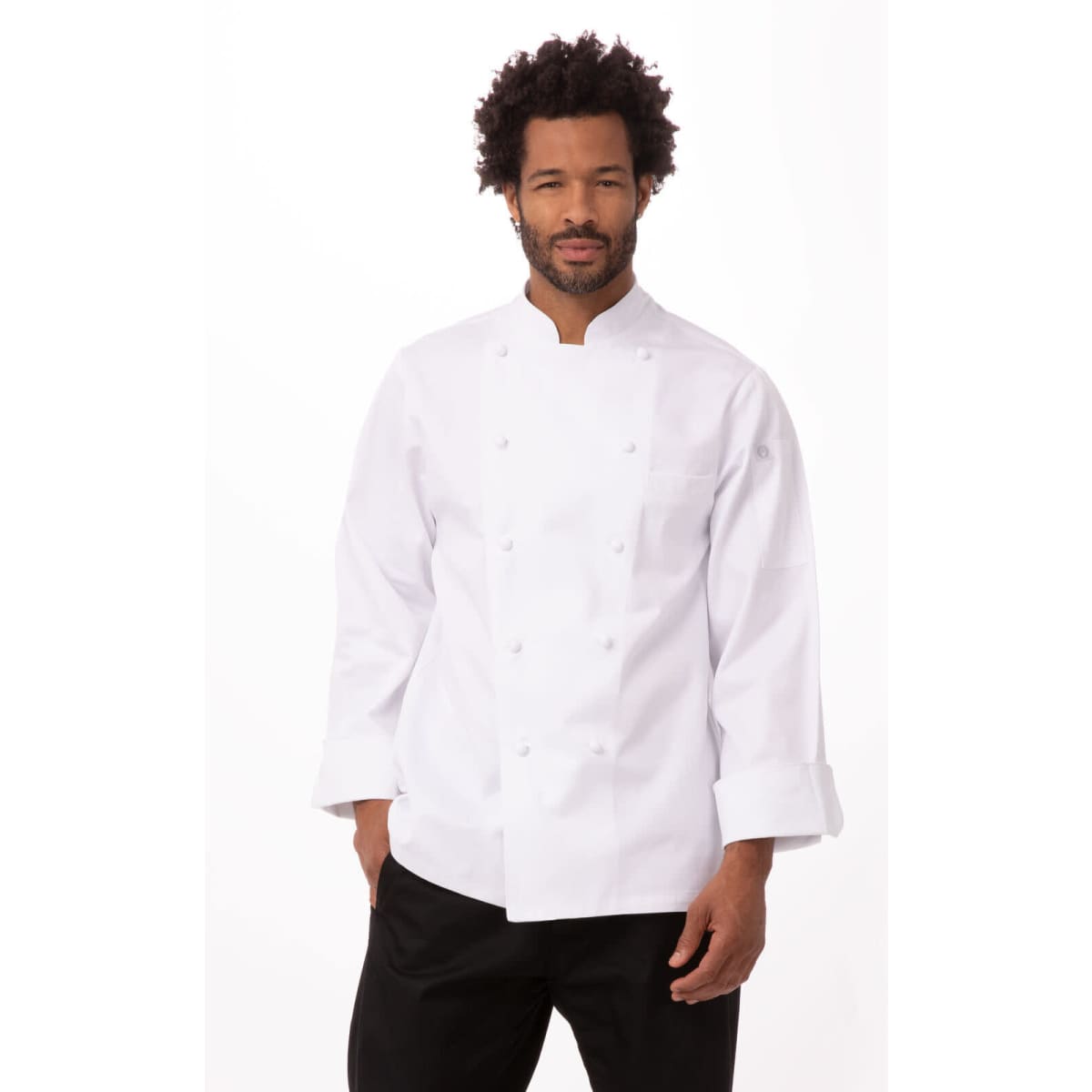 A men's executive chef jacket in white, featuring a classic design and a logo on the chest.