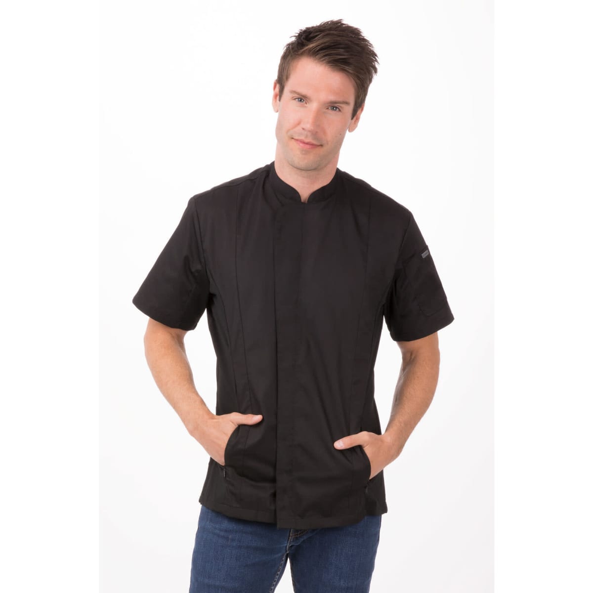 A black chef jacket with short sleeves, featuring a stand-up collar and a logo on the sleeve.