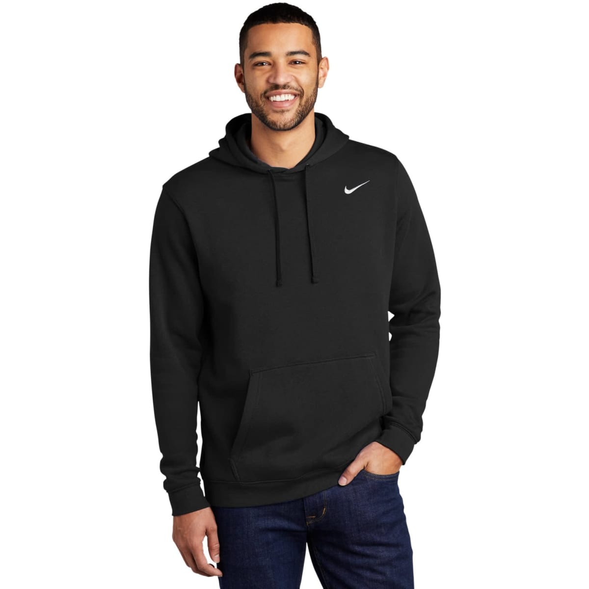 A black Nike Club Fleece pullover hoodie with a front pocket and a drawstring hood, featuring a logo.
